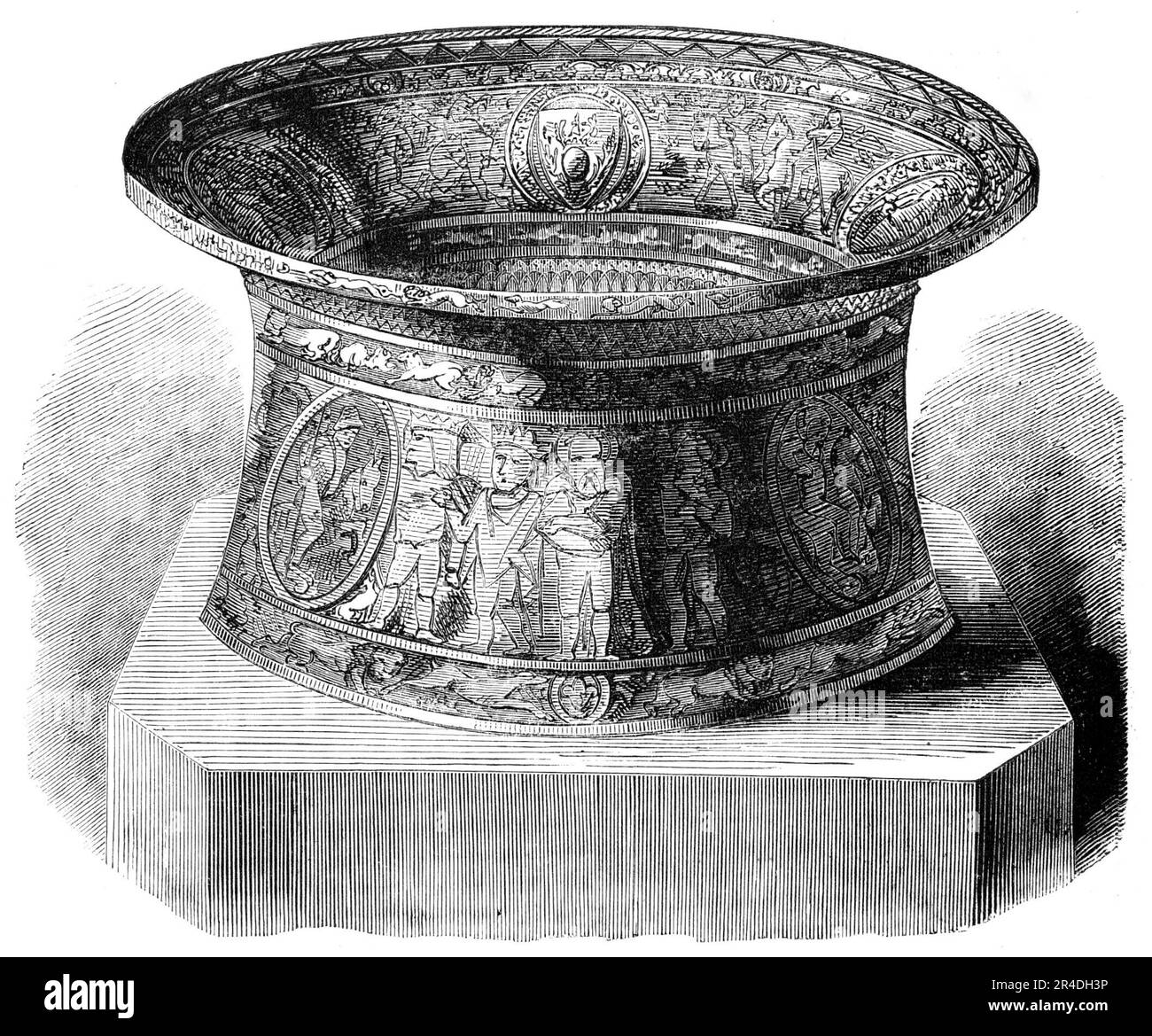 Schriftart St. Louis, in dem das kaiserliche Kind getauft wurde, 1856. "...ein wunderschönes Exemplar von Niello-Arbeit". Prinz Louis Napoleon, Erbe des französischen Throns, wurde in der Kathedrale Notre Dame getauft. Aus "Illustrierte London News", 1856. Stockfoto