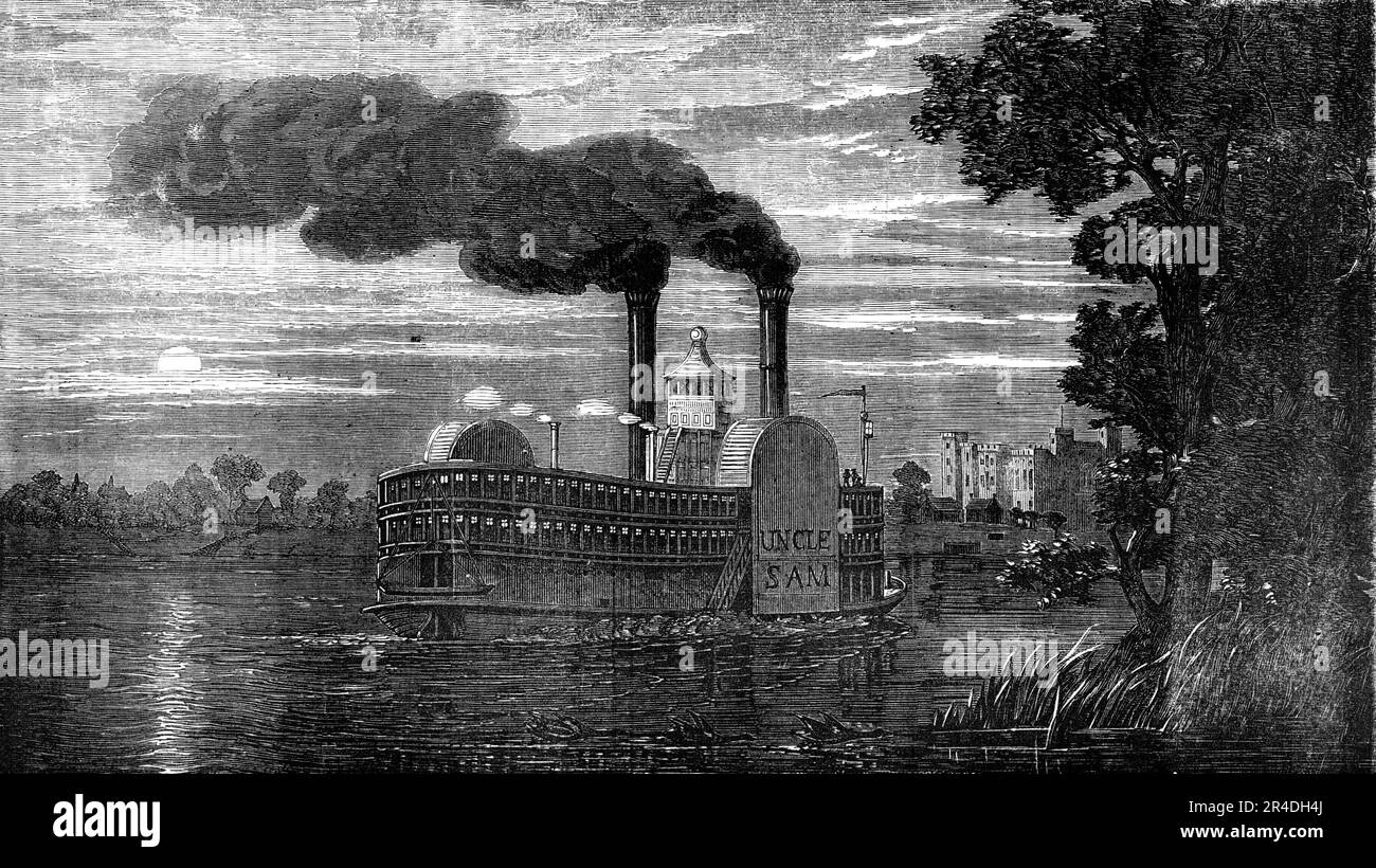 Nebraska und Kansas Territory: Dampfer vorbei an Baton Rouge, Nebraska, 1856. Paddeldampfer „Uncle Sam“ auf dem Mississipi, mit Old Louisiana State Capitol in der Ferne. "Nebraska ist der Name für einen Teil dieses ausgedehnten, unbesetzten Gebiets der Vereinigten Staaten, dessen Grenzen das 40. Breitengrad von N. lat auf S. sind; Utah, Oregon, und Washington Territorien, Auf der W.; dem 49. Breitengrad von N. lat , auf der N.: Und dem Gebiet von Minnesota sowie den Staaten Iowa und Missouri, auf der E.... Das Gebiet ist zweifellos eine wertvolle Anschaffung für die Vereinigten Staaten Stockfoto