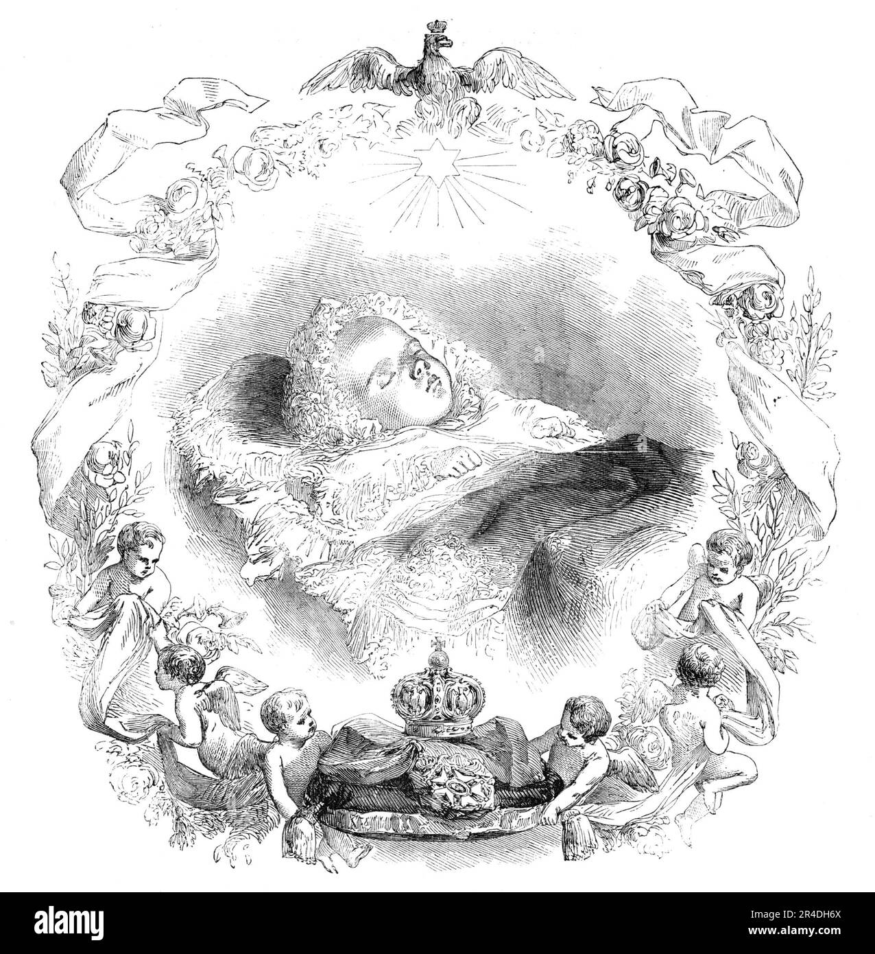 Der kaiserliche Prinz in seiner Wiege - von einem Foto, 1856. Erbe des Throns von Frankreich. „Sein erster Schlaf war in einer herrlichen Wiege, die einige £4000 wert war und seiner Mutter von der Stadt Paris überreicht wurde.“ Aus "Illustrierte London News", 1856. Stockfoto