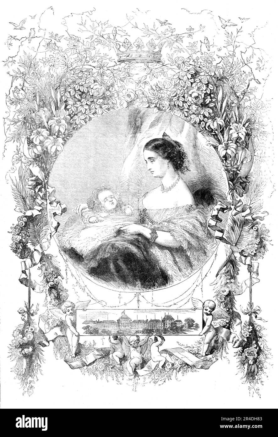 Ihre kaiserliche Majestät, die Kaiserin der Franzosen, und das kaiserliche Kind, 1856. Kaiserin Eugenie mit ihrem Sohn Prinz Louis Napoleon. Aus "Illustrierte London News", 1856. Stockfoto