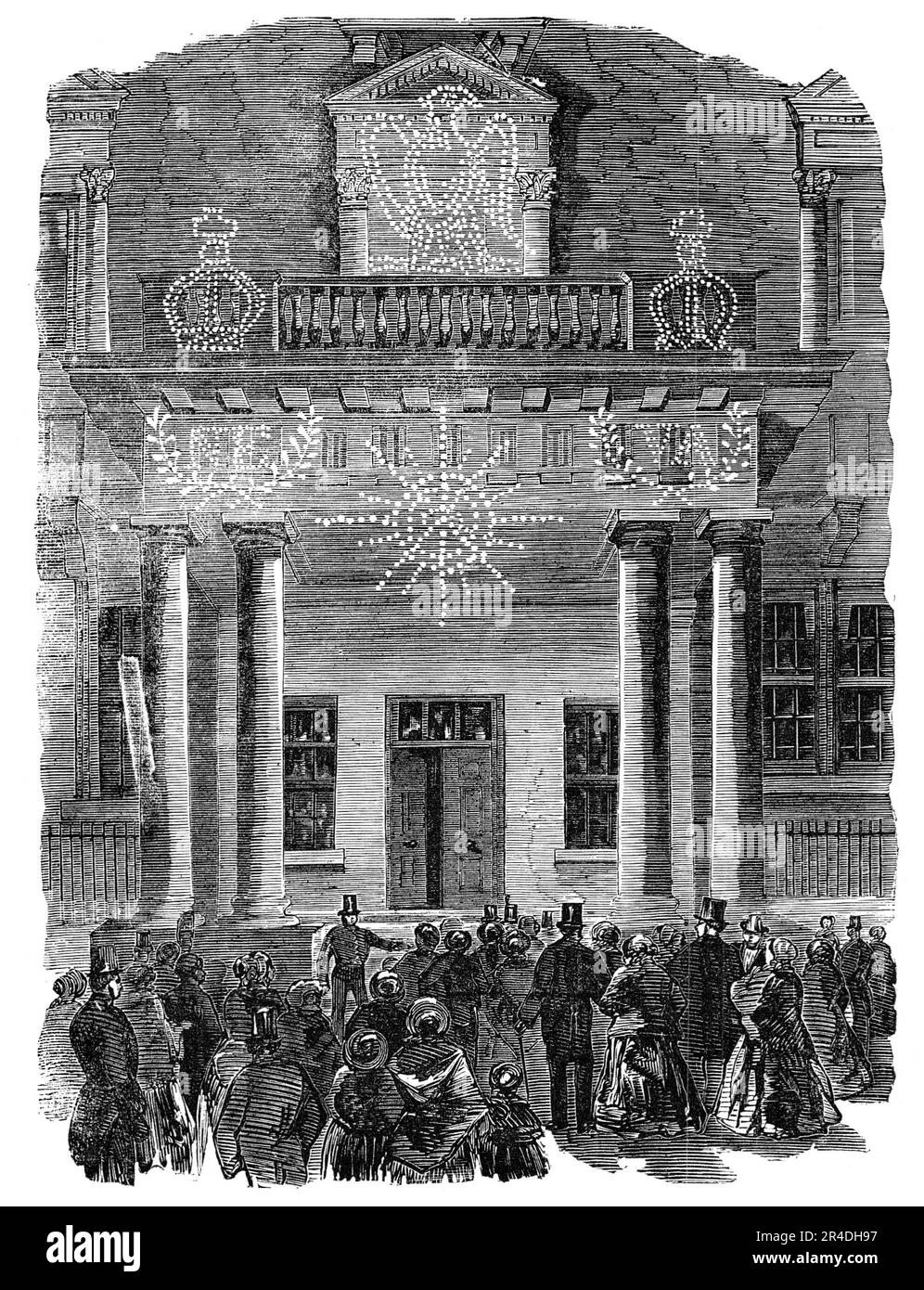 Die Friedensbeleuchtung: Die französische Botschaft, Albert-Gate, 1856. Londoner Feierlichkeiten anlässlich des Endes des Krimkrieges. "In einem Anfall von alter, jugendlicher Aufregung... wollten die alten Herren Englands das Volk "fröhlich" machen, ihnen ein großes Spektakel geben, wie Kinder und Wilde lieben, und den Kriegsdämon in den Parks der Metropole in einem Schauer von Raketen und römischen Kerzen ausbeuten, Und inmitten eines Rauschs von Blau und purpurrot wurde flame...it beschlossen, den verdienstvollen Geburtstag der Königin und den unheilvollen Friedensvertrag am selben Abend zu feiern... zehn und wahrscheinlich t Stockfoto