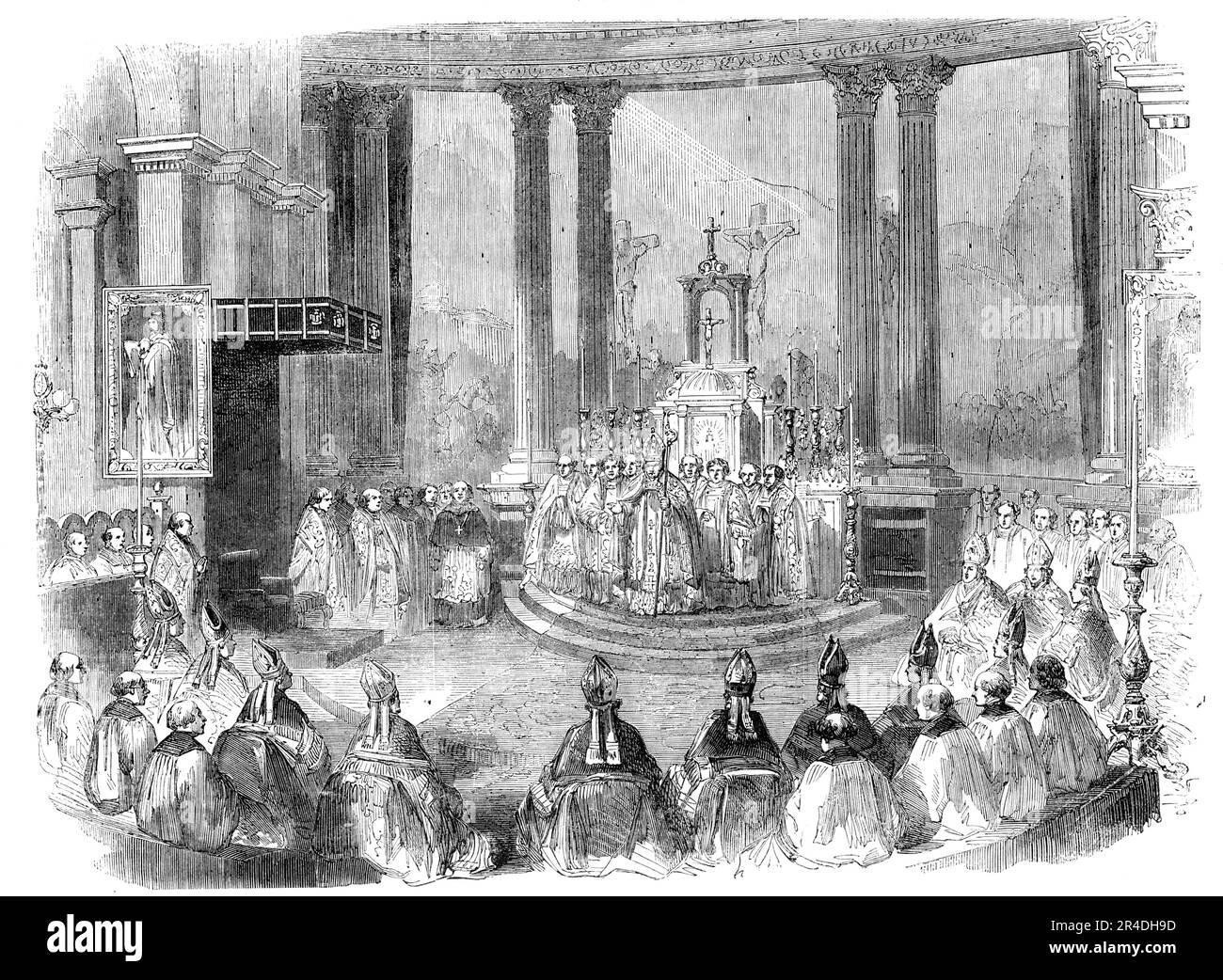 Das "Te Deum" für den Frieden, in St. Marias römisch-katholische Kirche, Moorfields, Kardinal Wiseman predigt vor den Bischöfen, 1856. Ende des Krimkrieges. Kardinal Wiseman sprach vor der Gemeinde... Er begann damit, ein Bild der Schönheit des Friedens zu zeichnen, und den Kontrast, den er den Schrecken des Krieges darstellte. Er wies darauf hin, dass, wenn wir zu Hause, Tausende von Kilometern vom Kriegstheater entfernt, den Einfluss des Friedens spüren würden, wie würde er von denjenigen begrüßt werden, die auf dem Ort wohnten, der der Schauplatz der Trauer und Verzweiflung war... Er glaubte, dass es jetzt ein e gab Stockfoto