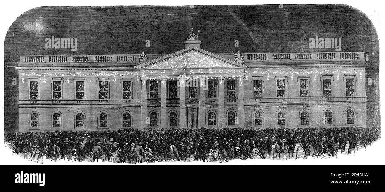 Die Peace Illuminations - Das East India House, 1856. Londoner Feierlichkeiten anlässlich des Endes des Krimkrieges. "In einem Anfall von alter, jugendlicher Aufregung... wollten die alten Herren Englands das Volk "fröhlich" machen, ihnen ein großes Spektakel geben, wie Kinder und Wilde lieben, und den Kriegsdämon in den Parks der Metropole in einem Schauer von Raketen und römischen Kerzen ausbeuten, Und inmitten eines Rauschs von Blau und purpurrot wurde flame...it beschlossen, den verdienstvollen Geburtstag der Königin und den unglücklichen Friedensvertrag am selben Abend zu feiern... zehn, und wahrscheinlich zwanzig, Th Stockfoto
