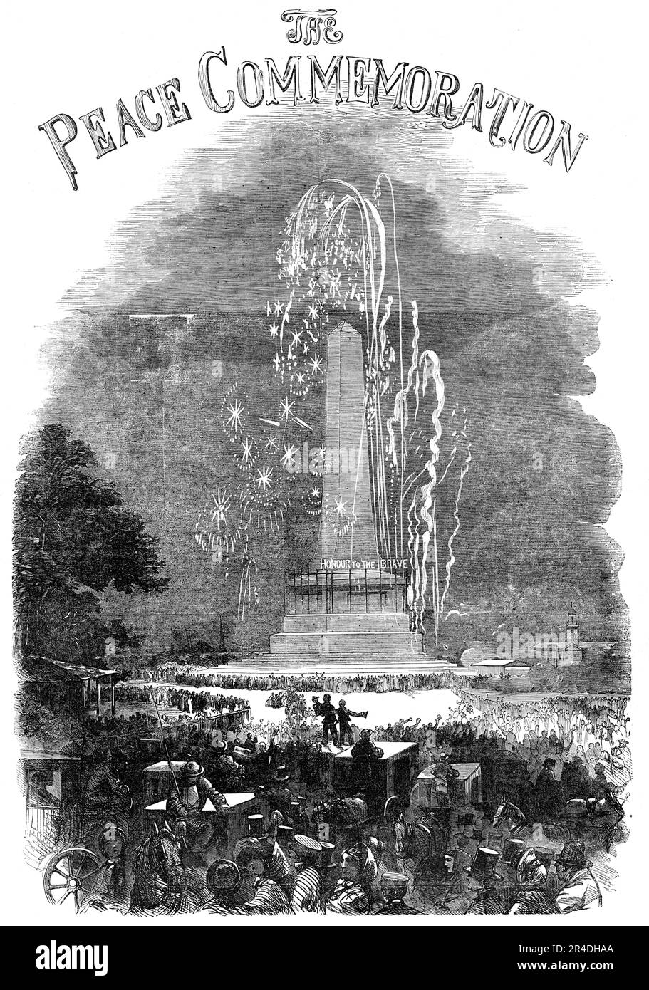 Das Friedensfest: In Dublin - Feuerwerk im Phoenix Park, 1856. Zur Feier des Endes des Krimkriegs in Irland: "Brillante Szene um den Obelisken Wellington..." "das Programm versprach..." "großes pyrotechnisches Spektakel, das den letzten großen Angriff auf Sebastopol darstellt, mit der Explosion der Magazine und Werke,... ..und dem allgemeinen Flächenbrand,... ..mit Brunnen von Kristallfeuer und römischen Kerzen, die ihre glitzernden Kugeln in alle Richtungen werfen,..." Und eine Bombardierung von Geschossen und feurigen Raketen, Handgranaten, Töpfen de Saucissons, und mit einem Magnific Stockfoto