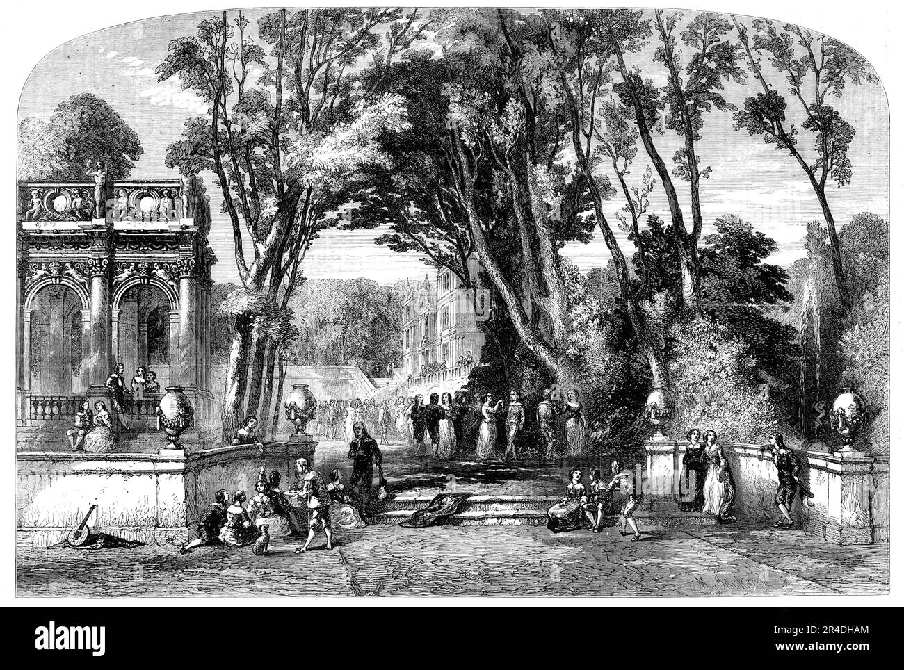 "A Fete Champetre" - gemalt von G. Dodgson - von der Ausstellung der Alten Gesellschaft der Maler in Wasserfarben, 1856. Gravur eines Gemäldes. Es ist eine sehr gute Zeichnung, die uns an jede Ecke von Watteau und Stothard erinnert. In einem gewissen theatrischen Effekt erinnert es sich an einige der größeren Bilder von Paul Veronese. Mit Mr. Dodgson&#X2019;s Wasserfarbenzeichnung vor uns können wir in Versailles im Zeitalter von Louis Quartorze leben.“ Aus "Illustrierte London News", 1856. Stockfoto