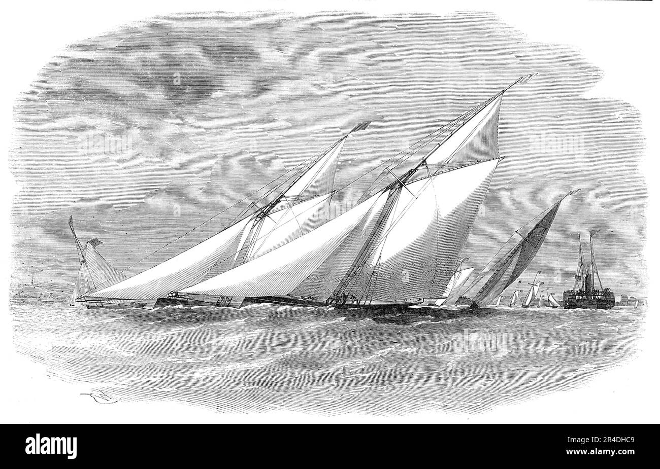 Das Royal Thames Yacht Club Match - The Yachts Passing Grays, 1856. Bootsrennen auf der Themse. Geheim, Amazonas, dachte, Extravaganza... der Kurs der Schiffe kam von Erith, rund um das Nore Light und zurück nach Erith... das Geheimnis war zuerst aus, dann der Amazonas und dann die Extravaganza. Der Gedanke war sehr langsam, um zu entkommen, und ihr Antagonist war fast an dem Punkt, bevor sie von der Startboje entkommen war... in East Tilbury erhielt die Extravaganza den zweiten Platz. Und dem Nore Light zeigte der Gedanke ihre großen Laufkräfte, indem er die Distanz schnell verringerte Stockfoto