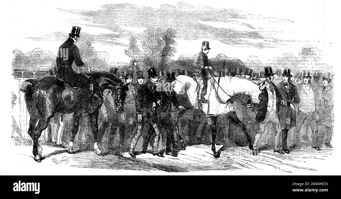 Epsom Races: Der Gewinner, nach dem Rennen, 1856. Pferde, Besitzer und Jockeys. 'Fly-by-Night' war sehr gefragt. Zuerst waren 15 bis 1 über ihn gebucht, auf mehrere hundert Pfund. Die letzte Wette, die uns bekannt gegeben wurde, war 12 bis 1 bis &#XA3;300. Ellington 1000 bis 60 wurde zwölf Mal genommen. Der Leichenbeschauer, von dem immer berichtet wurde, dass er dem Gelben Jack um viele Pfund unterlegen war, überzeugte anscheinend diejenigen, die das Gerücht in Misskredit gebracht hatten, dass der Besitzer der beiden Pferde doch am besten mit ihren relativen Verdiensten vertraut sei; 40 bis 1 wurden gegen den Gerichtsmediziner angeboten, während sein Stall Stockfoto