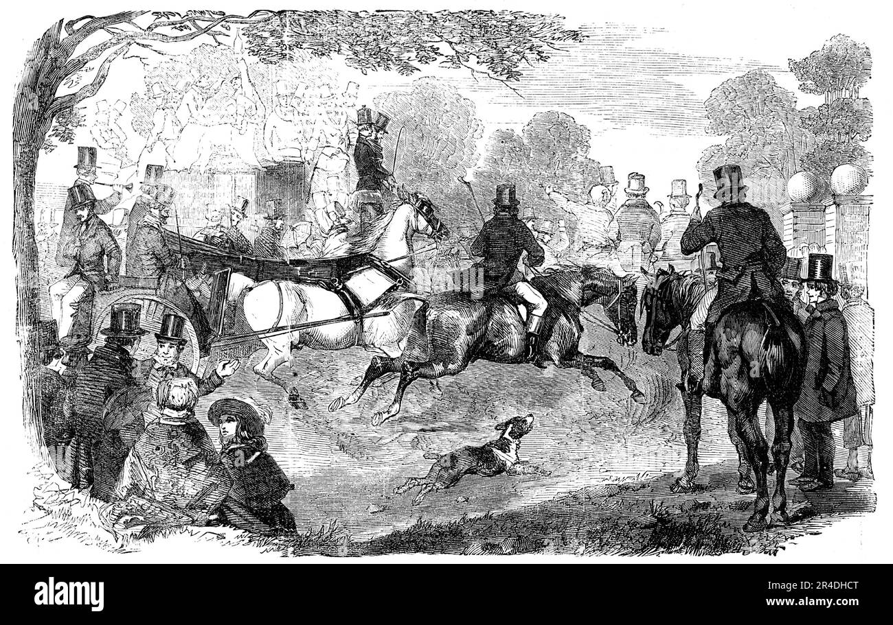 Epsom Races: "Going to the Derby", 1856. Auf dem Weg zum berühmten Pferderennen in Surrey. „Trotz der vielen Anreize, die die Eisenbahn Besuchern bietet, die den Schauplatz des Geschehens - die Rennbahn - erreichen möchten, wird die Fahrt nach Epsom auf der Straße immer noch von Tausenden bevorzugt, die den Tag intensiv genießen wollen. Zugegebenermaßen ist die Eisenbahn eintönig im Vergleich zu einer bezaubernden Landschaft am Straßenrand, ganz zu schweigen von den typischen Vorfällen, die an jeder Kurve zu beobachten sind. Der alte Modus des Erreichens von Epsom Races zeigt viele schwule und glitzernde Szenen wie unsere Stockfoto