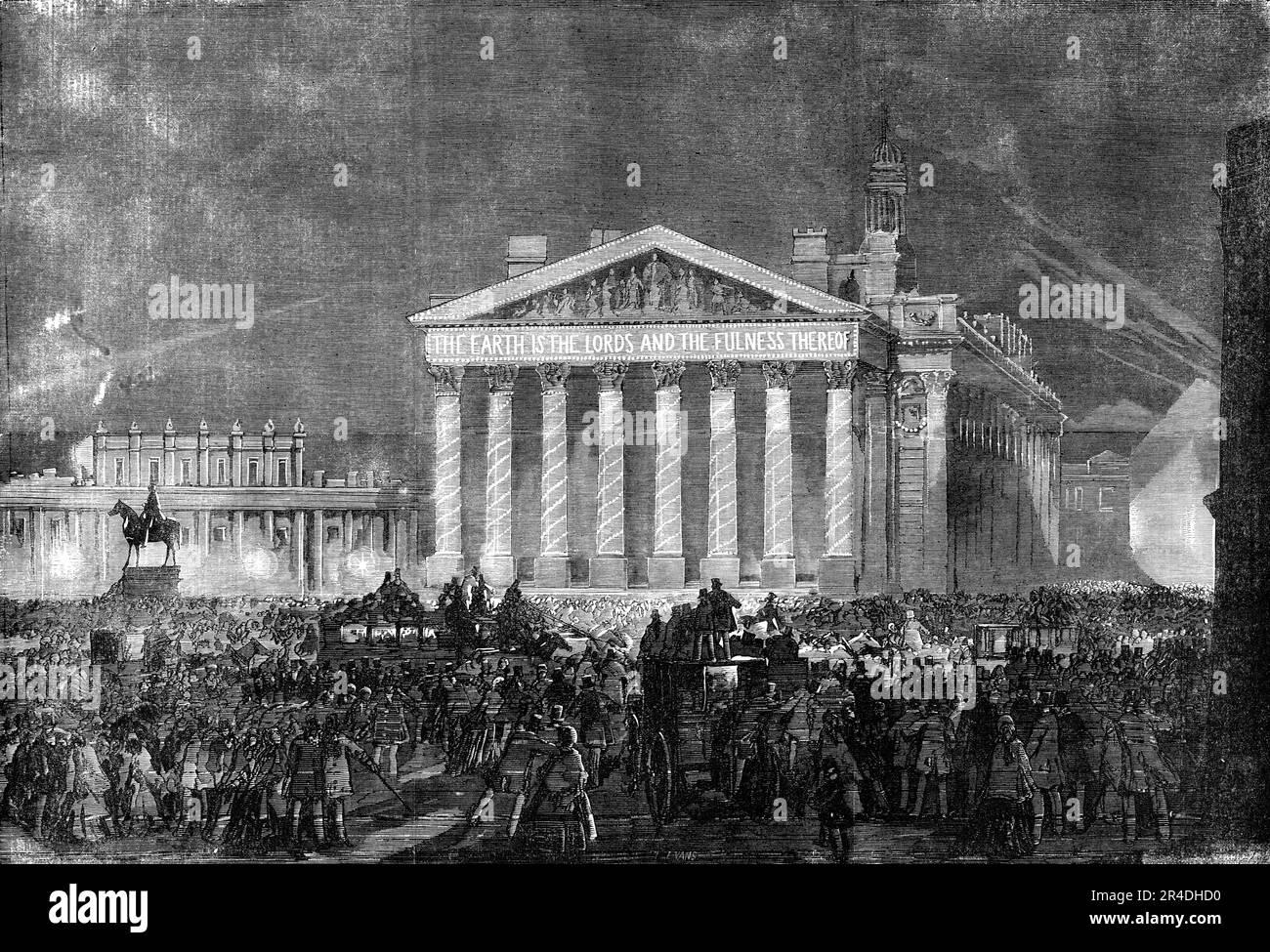Peace Illuminations - The Royal Exchange, 1856. Londoner Feierlichkeiten anlässlich des Endes des Krimkrieges. "In einem Anfall von alter, jugendlicher Aufregung... wollten die alten Herren Englands das Volk "fröhlich" machen, ihnen ein großes Spektakel geben, wie Kinder und Wilde lieben, und den Kriegsdämon in den Parks der Metropole in einem Schauer von Raketen und römischen Kerzen ausbeuten, Und inmitten eines Rauschs von Blau und purpurrot wurde flame...it beschlossen, den verdienstvollen Geburtstag der Königin und den unheilvollen Friedensvertrag am selben Abend zu feiern... zehn und wahrscheinlich zwanzig, du Stockfoto
