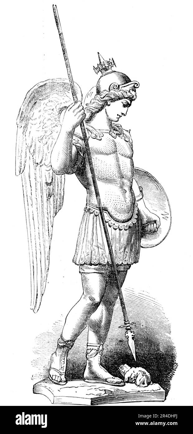 Das Zeugnis wurde Dr. Hassall am Donnerstag, 1856, vorgelegt. Geschenk an den britischen Chemiker und Mikroskopiker Arthur Hill Hassall, '...in Anerkennung der Vorteile, die er der Gemeinschaft durch seine wissenschaftlichen Arbeiten im Zusammenhang mit dem Thema der Verfälschung verliehen hat...[Dr. Hassall] zitierte einige auffällige Beispiele des Wertes des Mikroskops bei der Erkennung von Verfälschung... das Zeugnis...Modell von M. Frerèt... Wurde nach Miltons „Paradies verloren“ entworfen. Es repräsentiert den Engel Ithuriel, gepanzert, berührt mit seinem Speer Satan, der die Form O angenommen hat Stockfoto