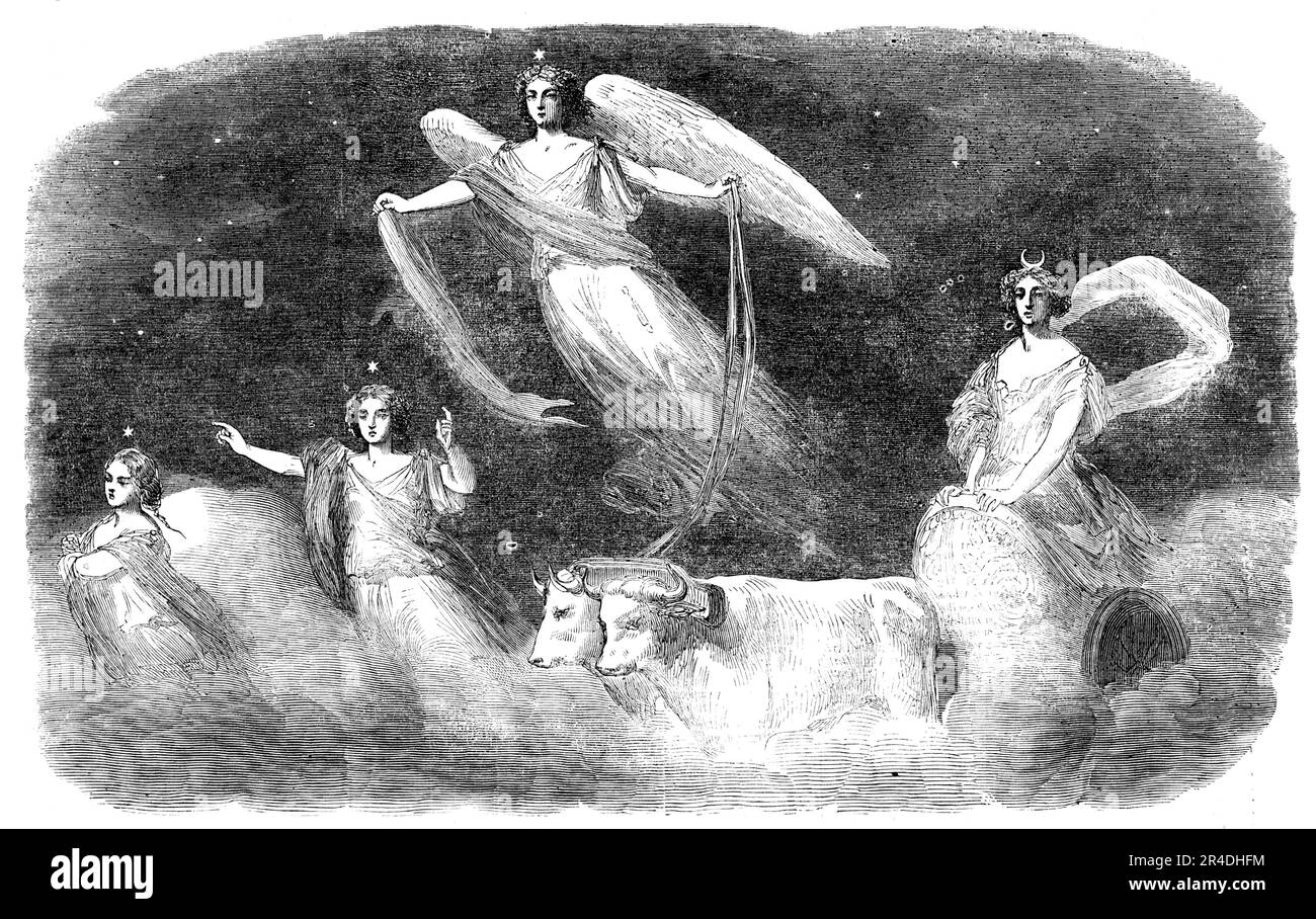 "Luna in ihrem Auto", aus "The Winter's Tale", im Princess' Theatre, 1856. Londoner Bühnenproduktion von Charles Kean. "Der keusche Mond und ihre Begleitstars sind hier personifiziert und sollen vor dem Auto von Phoebus sinken, das mit all seiner Morgengloria aufgeht... Luna, oder besser Selene, laut den Griechen, erscheint in ihrem Wagen, der im Meer versinkt. Die personifizierten Sterne folgen ihr in ihrem Abstieg... die Sterne stammen aus einer bemalten Vase im Musee Blacas in Paris; andere Figuren bestehen aus Basreliefs-Darstellungen des Mondbesuches Stockfoto