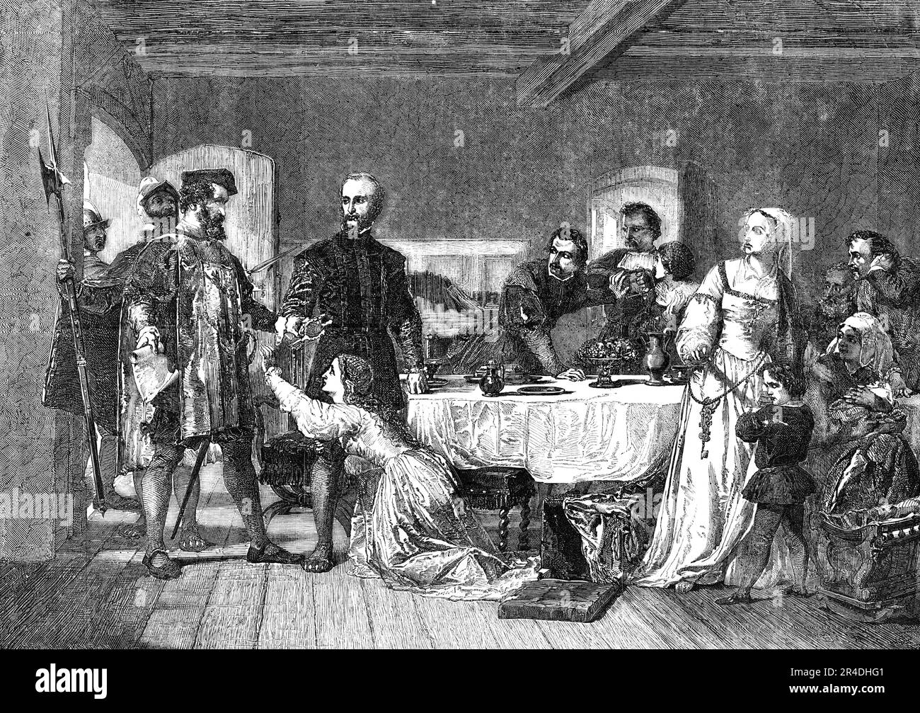 "Die Verhaftung von John Brown, von Ashford, einem Lollard, und einem der ersten Märtyrer in der frühen Zeit von Heinrich VIII." - von A. Johnston - von der Royal Academy Exhibition 1856. Gravur nach einem Gemälde, das ein Ereignis aus dem Jahr 1517 darstellt. "Mr. Johnston fand die Geschichte in D'Aubignes " Geschichte der Reformation": Browns Frau war am selben Tag in der Kirche, ein Festmahl wurde für ihre Freunde vorbereitet, wie es bei solchen Gelegenheiten üblich war, und sie alle hatten ihre Plätze am Tisch eingenommen, mit Freude auf jedem Gesicht, als die Straßentür abrupt geöffnet wurde, und Chilton, die Stockfoto