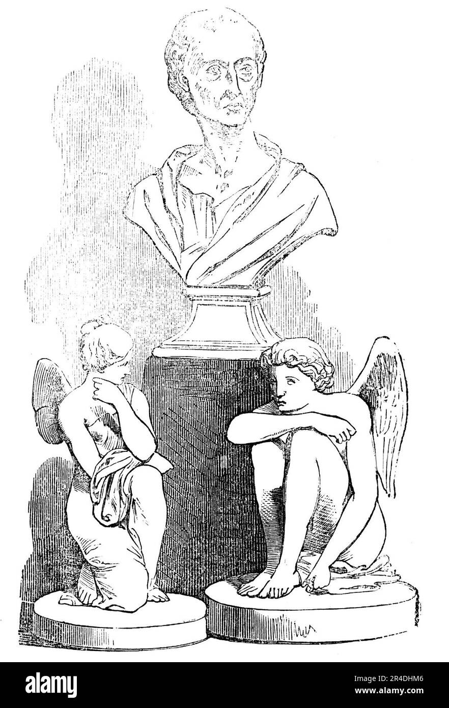 Büste des Papstes, von Roubiliac, und "Amor und Psyche", von Flaxman, aus der [Samuel] Rogers-Sammlung, 1856. "...drei Skulpturenartikel - Roubiliacs ursprüngliche Hoffnungshose [Alexander Pope], in Terrakotta. Er wurde von Mr. Skeffington am Montag des letzten Monats für &#XA3;143 17s gekauft. Als Nächstes sehen Sie zwei Marmorstatuetten von Amor und Psyche. Die Position des Amors ist etwas angespannt, aber die der Psyche ist anmutig und erfreulich. Der Amor wurde von Flaxman für Mr. Rogers hingerichtet, als Gefährtin der Psyche, die vom Denkmal von Mrs. Tighe, Autor eines Gedichts mit dem Titel "Psyche.&", übernommen wurde Stockfoto