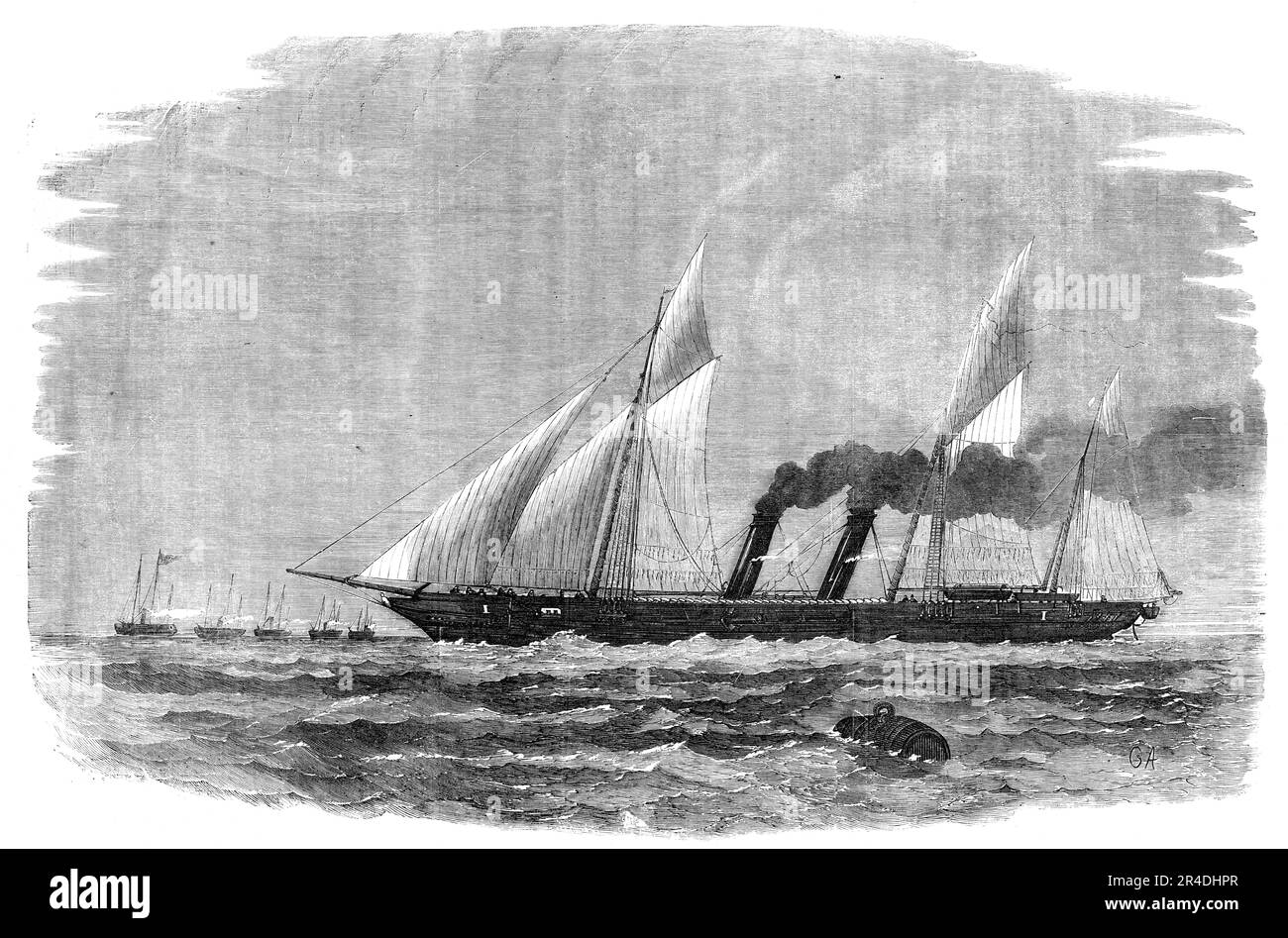 Das Gewehrboot Ihrer Majestät, "Flying-Fish", 1856. "Dieses feine Schiff mit 6 Gewehren, 850 Tonnen, 350 Uhr, Commander Rhoderick Dew, gehört zur größten Klasse von Waffenschiffen, die große Geschwindigkeit haben sollen, gleichzeitig aber schwere Waffen transportieren sollen. Sie tragen zwei 68-Pfünder-Drehschieber und vier 32-Pfünder-Breitseite-Pistolen. Die Drehschieber werden eine am Vordermast und eine zwischen den Trichtern platziert. Der fliegende Fisch ist N.O. 1 von der Roten Division der Waffenboote. Aus "Illustrierte London News", 1856. Stockfoto
