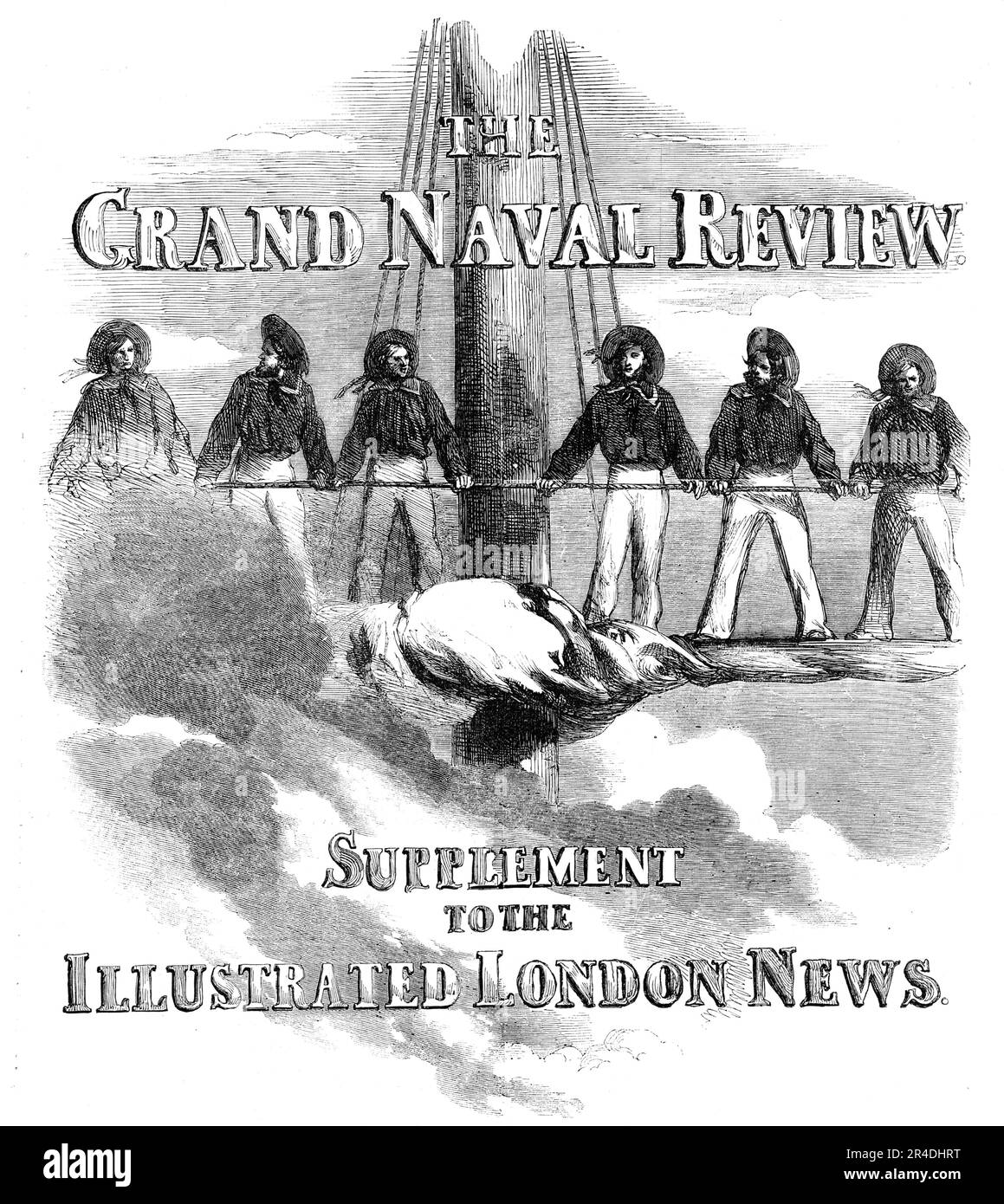 Der Große Marinebericht - Beilage, 1856. „Seit zwei Jahren bekannt für die Geschichte von Marinestreben und militärischen Errungenschaften, schließen wir die Periode eines erfolgreichen Krieges mit der Ausstellung unserer uneingeschränkten Stärke und der hervorragenden Ausbildung ab. Zu keinem Zeitpunkt unserer Geschichte waren wir in der Lage, selbst bei Ausbruch eines Krieges, mit einer Flotte zu prahlen, die so zahlreich und aus Metall besteht wie die, die auf Spithead schwimmt. Eine solch mächtige Zusammenkunft erstklassiger und bewaffneter Boote wird vielleicht in diesen Gewässern nicht mehr in den nächsten Jahren zu sehen sein; und die Probe für friedliche Zuschauer einiger imitierter Episoden in r Stockfoto