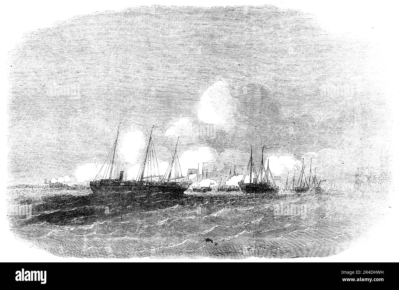 The Grand Naval Review, Spithead: Gun-Boats attacking Southsea Castle - skizziert von E. Weedon, 1856. Schiffe der Royal Navy nehmen an einer vorgetäuschten Seeschlacht vor der Küste von Hampshire Teil. "Der Leiter der Weißen Division, der vor Fort Monckton ankerte, bildeten die verbleibenden Schiffe dieser Bezeichnung eine imposante Front des Angriffs auf die Waffenboote und schwimmenden Batterien, die parallel zu ihnen festgemacht wurden. Diese, die wie Tümmler im Wasser schliefen, während sie von den Schrauben ihrer Gegner in Wellen gezerrt wurden, schienen leise und etwas verächtlich, um die Vorbereitungen zu betrachten, gegen die sie sich gerichtet hatten Stockfoto