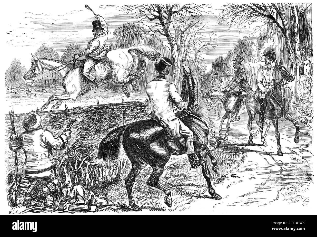 Sehr höflich: Die Party on the Grey, die einige Fremde zum Mittagessen eingeladen hat, zeigt ihnen den nächstgelegenen Weg (1856 km) zu seinem Haus. Humorvolle Landschaftsszene mit hochhütigen Herren, die auf Pferden reiten. Aus "Illustrierte London News", 1856. Stockfoto