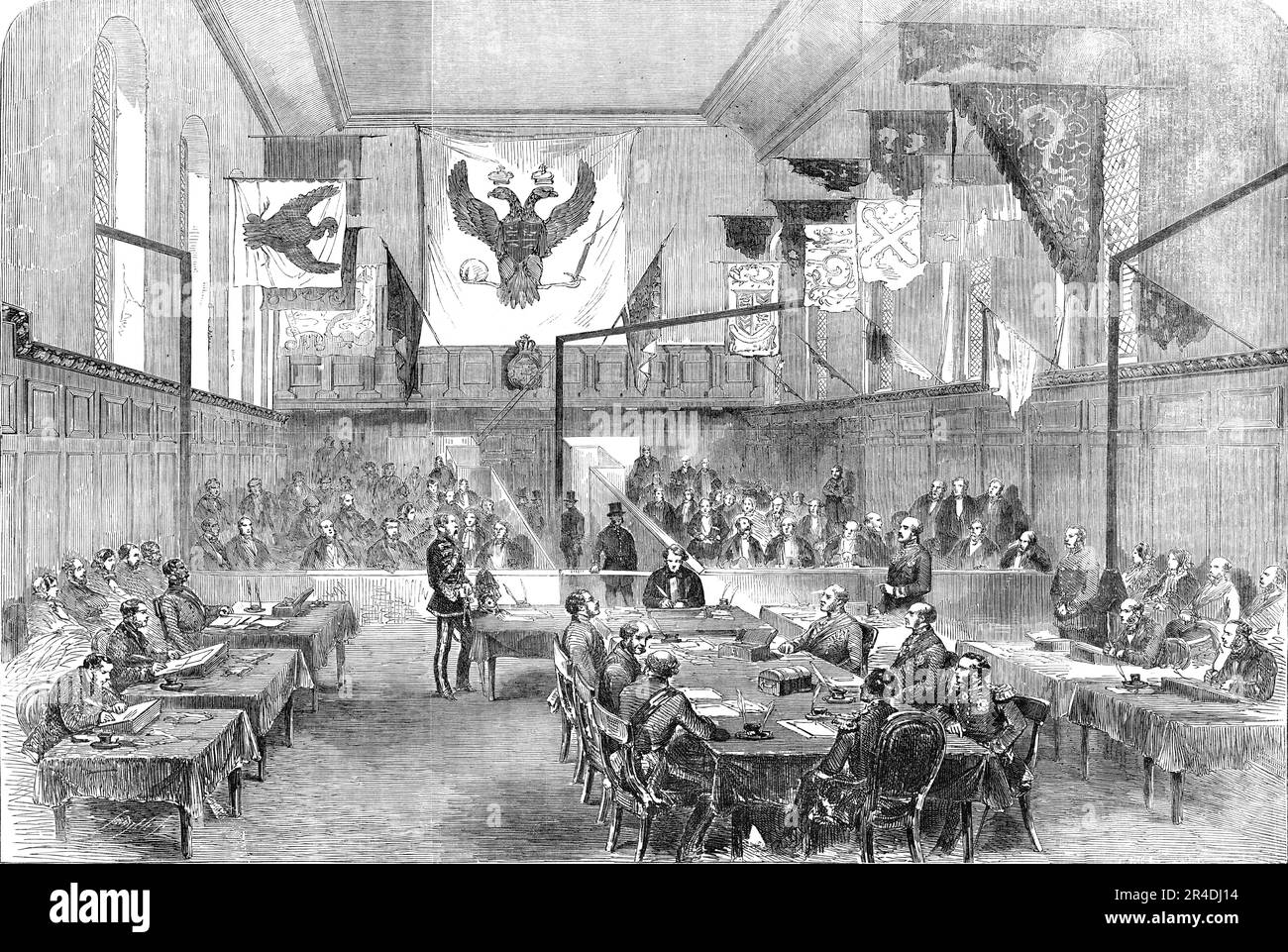 Sitzung des Krim-Untersuchungsausschusses, im Hall of Chelsea Hospital, [London], 1856. Militärische Untersuchung der Handlungen einiger britischer Offiziere während des Krimkriegs. "Die Untersuchung... auf die in dem Bericht von Colonel Tulloch und Sir John M'Neil Bezug genommen wird, war commenced...before der Vorstand der Generaloffiziere, bestehend aus Sir Alexander Woodford (Präsident), Lord Beauchamp, General Rowan, Sir John Bell, General Peel, M.P., General Knollys und General Sir George Berkeley, der Richter und Anwalt, (der rechte Hr. C. P. Villiers, M.P.) las den königlichen Haftbefehl... und sagte das als C Stockfoto