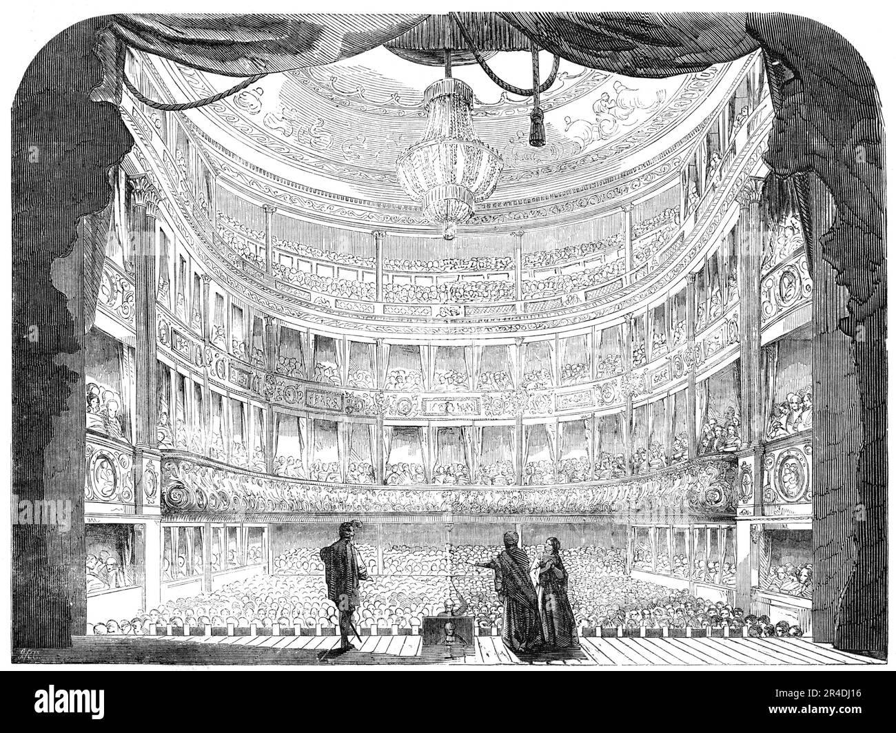 Die Königliche Italienische Oper, Lyceum, 1856. Londoner Bühnenproduktion. Die Oper war der "Trovatore", die Zigeunerin Azucena, die wahre Heldin des Stücks, wurde von Mdlle verkörpert. Didiee... von Leonora aus hat Madame Jenny Ney sogar den Eindruck vertieft, den sie letztes Jahr hinterlassen hat... seit Mr. Gye die Besetzung des Lyceum-Theaters erhalten hat, hat er Wunder vollbracht bei seiner Renovierung. Der gesamte Innenraum wurde verändert... die gesamte Vorderseite der Boxen wurde komplett neu gestaltet und gestrichen... Alle Originalboxen wurden durch eine schlanke Trennwand in drei Teile unterteilt Stockfoto