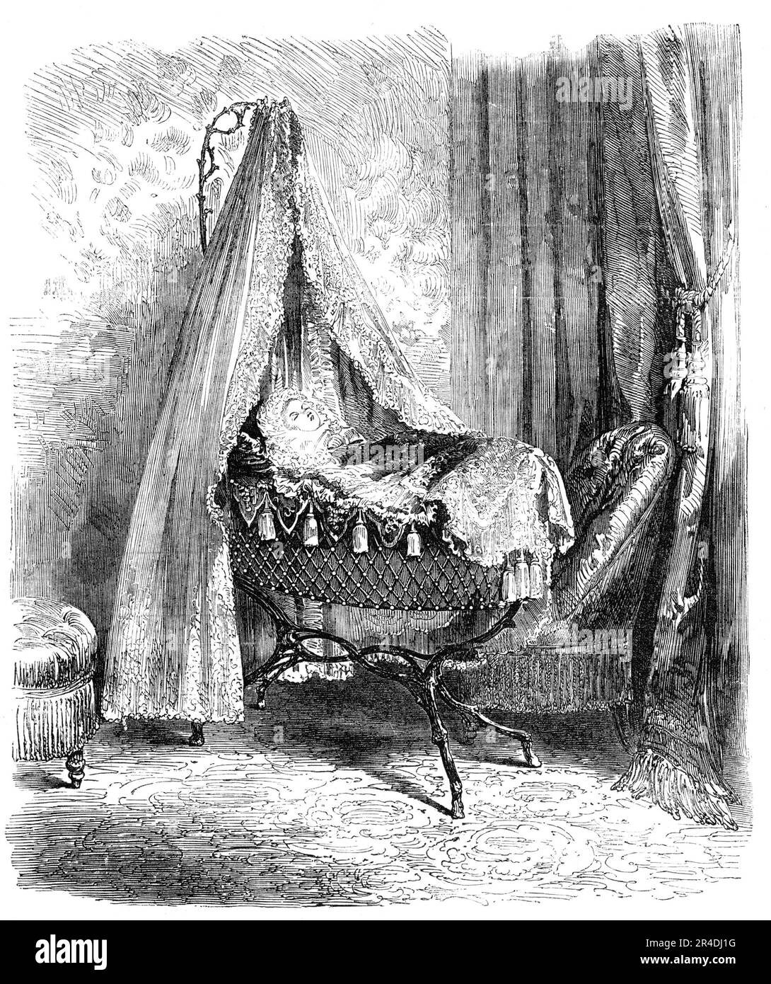 Der kaiserliche Prinz in seiner Wiege - von einem Foto, das 1856 in den Tuilerien von M. Richebourg gemacht wurde. Prinz Louis Napoleon schläft im Tuilerien-Palast, Paris. Aus "Illustrierte London News", 1856. Stockfoto