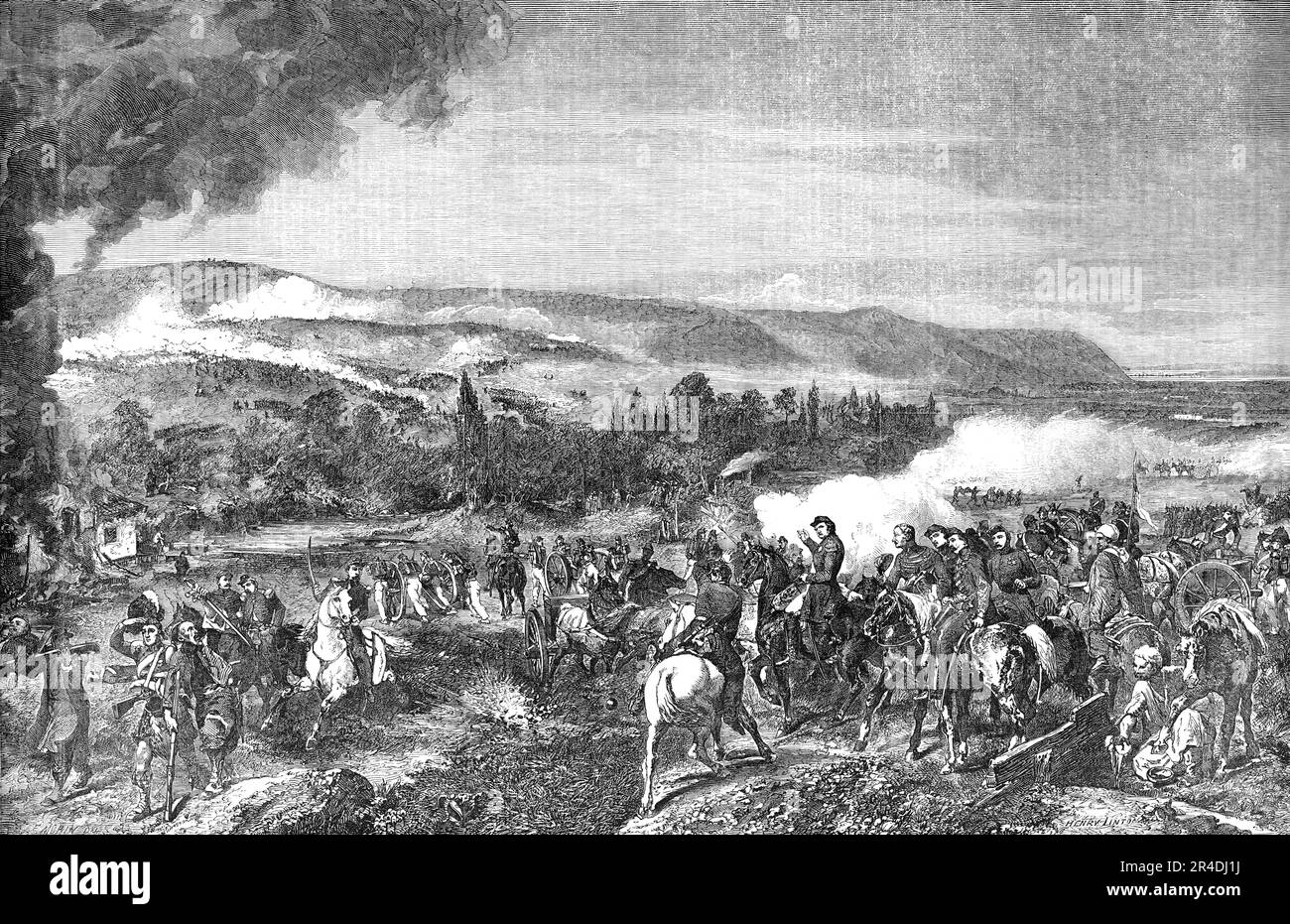 Der Batte der Alma - gemalt von Horace Vernet, 1856. Krim-Kriegsszene: "...ein Zouave und ein Highlander, beide verwundet und vom Kampf weggerutscht, offensichtlich wild, dass sie behindert sind. Der Zouave winkt wild mit einer Trophäe seines Könnens... fast alle zentralen Figuren sind Porträts. Die Schlacht ist aus der Ferne zu sehen; obwohl der Ball, der innerhalb weniger Schritte des Prinzen an ihr vorbeizieht [ein bewundernswertes Abbild], darauf hindeuten soll, dass die versammelten Offiziere tatsächlich unter Beschuss stehen... dann gibt es General Thomas, verwundet und von seinem Helfer ertragen; Oberst Desuarets, Ersthelfer Stockfoto