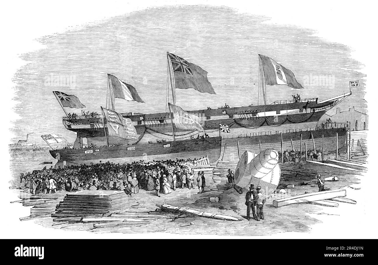 Start des "Genova" Dampfschiffs, bei Mare's, Blackwall, London, 1856. 'Dieser herrliche Eisenschneckendampfer... wurde für die Genoese Transatlantic Company gebaut... um eine direkte Dampf-Kommunikation zwischen Nord- und Südamerika und Sardinien zu führen... [sie] hat eine Last von 2000 Tonnen... Länge, 263 Fuß; Breite des Balkens, 38 Fuß... die Motoren mit einer Leistung von 300 PS werden von Maudslay geliefert; Und die Kosten für das Schiff, ausschließlich ihrer Motoren, betragen &#XA3;43.000... Sie wurde auf der Grundlage von Linien gebaut, die Mr. James Ash festgelegt hat... die Zeremonie der Namensgebung und Laun Stockfoto