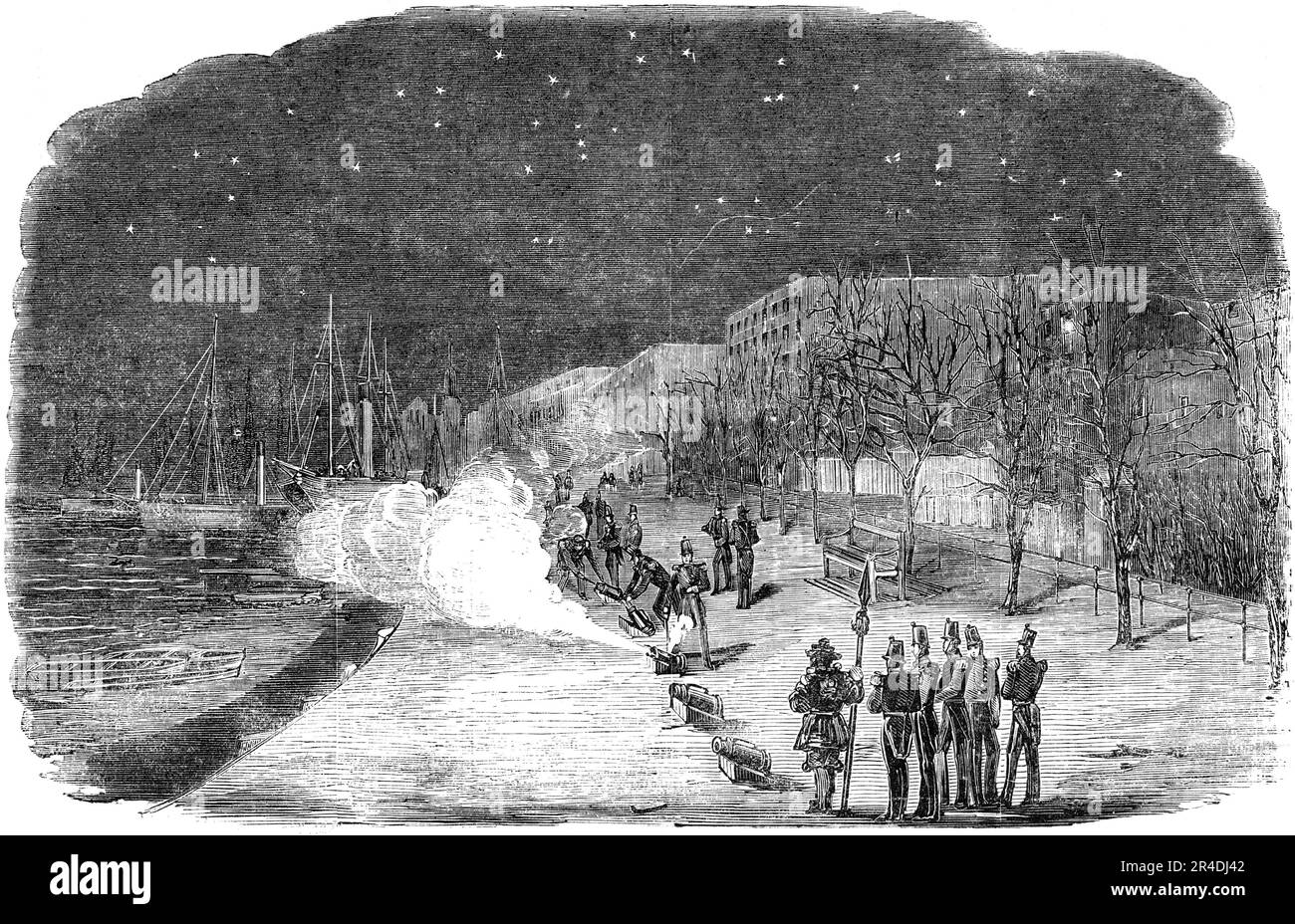 Feuern der Tower Guns [nach der Erklärung des Friedens], 1856. Anlässlich des Endes des Krim-Krieges im Tower of London: '...intelligence erreichte London, das eine Stunde vor dem Vollzug der ängstlichen Verhandlungsarbeit, Und dass alle Großmächte Europas, mit Sardinien und der Türkei, wieder vereint waren in einer feierlichen Friedensakte... der Oberbefehlshaber des Feldmarschalls, Viscount Hardinge... gab den Befehl, dass die Nachricht der Unterzeichnung des Friedens in Paris verkündet werden sollte, beide in St. James's-Park und am Tower, durch das Abfeuern von 101 Gewehren... um zehn Uhr begann der Abschuss. Stockfoto