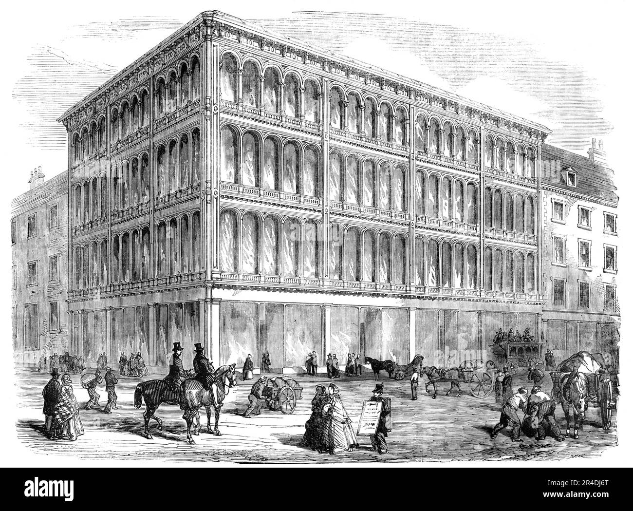 Neues Eisen- und Glaslager in Glasgow, 1856. Dieses Gebäude hat eine Fassade von 87 Fuß zur Jamaika-Straße im Osten und 55 Fuß zur Ann-Straße im Süden. Die beiden Fronten... bestehen komplett aus Gusseisen und britischem Glas... die allgemeinen Merkmale des Gebäudes sind - Leichtigkeit der Konstruktion, bietet viel Licht, ungehinderten Raum auf dem Boden und Einrichtung der Teilung, um verschiedenen Mieterklassen gerecht zu werden. Ein leistungsstarkes Heizgerät wird gebaut, um das gesamte Gelände zu heizen. Die gerahmten Träger... bestehen aus flachen Stäben aus Temperguss oben und unten Stockfoto