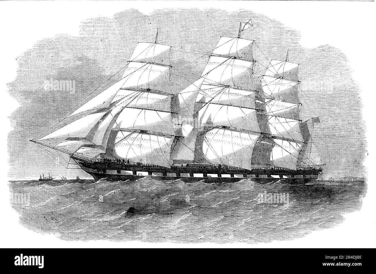 Das neue Schiff "Stadt der Mobilgeräte", 1856. "Dieser edle Kaufmann ist gerade in den Docks von Ostindien, Blackwall, aus den Vereinigten Staaten angekommen, mit der größten Fracht Weizen, die jemals die Küste Amerikas verlassen hat, Oder jemals in diesen oder irgendeinen anderen Hafen der Welt eingedrungen ist - die Menge betrug etwa 9000 Quartiere... wurde in New York für das Haus von Horbeck und Co. Gebaut. Sie ist von 1750 Tonnen Registerlast und ist überall aus Eiche gebaut... mit drei Decks für Fracht, Und mit Unterbringung der Passagiere auf dem Oberdeck. Sie ist in der neuesten Americ verkabelt Stockfoto