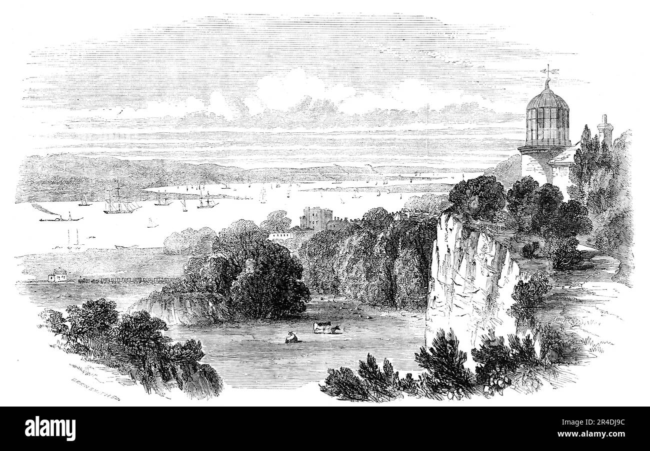 London, Tilbury und Southend Railway - Purfleet Station, 1856. Die Bahnstrecke ist 42 km lang. Die Bauarbeiten wurden unter dem gemeinsamen Kommando der bekannten Ingenieure Mr. Bidder und Mr. John Fowler durchgeführt. Das Dorf Purfleet befindet sich auf steigendem Boden, nahe der Mündung des Marditch-Baches. Der hier einen kleinen Hafen bildet... in der Aussicht wird ein Teil der Eisenbahn gezeigt, die sehr nahe am Fluss vorbeifährt.“ Aus "Illustrierte London News", 1856. Stockfoto