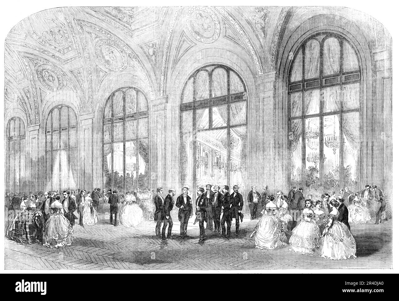 Der Ball des Ministers der Vereinigten Staaten, im Hotel du Louvre, Paris, 1856. Feier '...in zum Geburtstag Washingtons am 22. Februar. Es fand in den prächtigen Apartments des neuen Hotels du Louvre statt. Die Saloons wurden um zehn Uhr geöffnet, bevor elf nicht weniger als 500 oder 600 Personen ankamen und bis zu einer fortgeschrittenen Stunde noch ein Unternehmen einströmte. Der Ballsaal, einer der besten in Paris, war am besten beleuchtet. Am anderen Ende, und direkt über der Galerie, wo das Orchester stationiert war, hängte das Po auf Stockfoto
