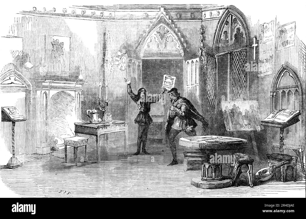 Szene aus dem neuen Stück von "The First Printer", im Princess' Theatre, 1856. Londoner Bühnenproduktion: „...der zweite Akt... die beiden Hauptfiguren - der Held und das böse Genie des Stücks - Laurence Costar (Mr. Charles Kean) und John von Gutenberg (Mr. John Ryder). Costar hat in der Einfachheit und dem Selbstvertrauen seiner Seele gerade das Geheimnis seiner Druckerpresse an seinen cleveren Konkurrent weitergegeben; und die beiden machen Eindrücke von einem revolutionären Dokument, das der erste kopiert hat. In diesem Teil des Auftritts vererbt Costar die Kunst des Druckens Stockfoto