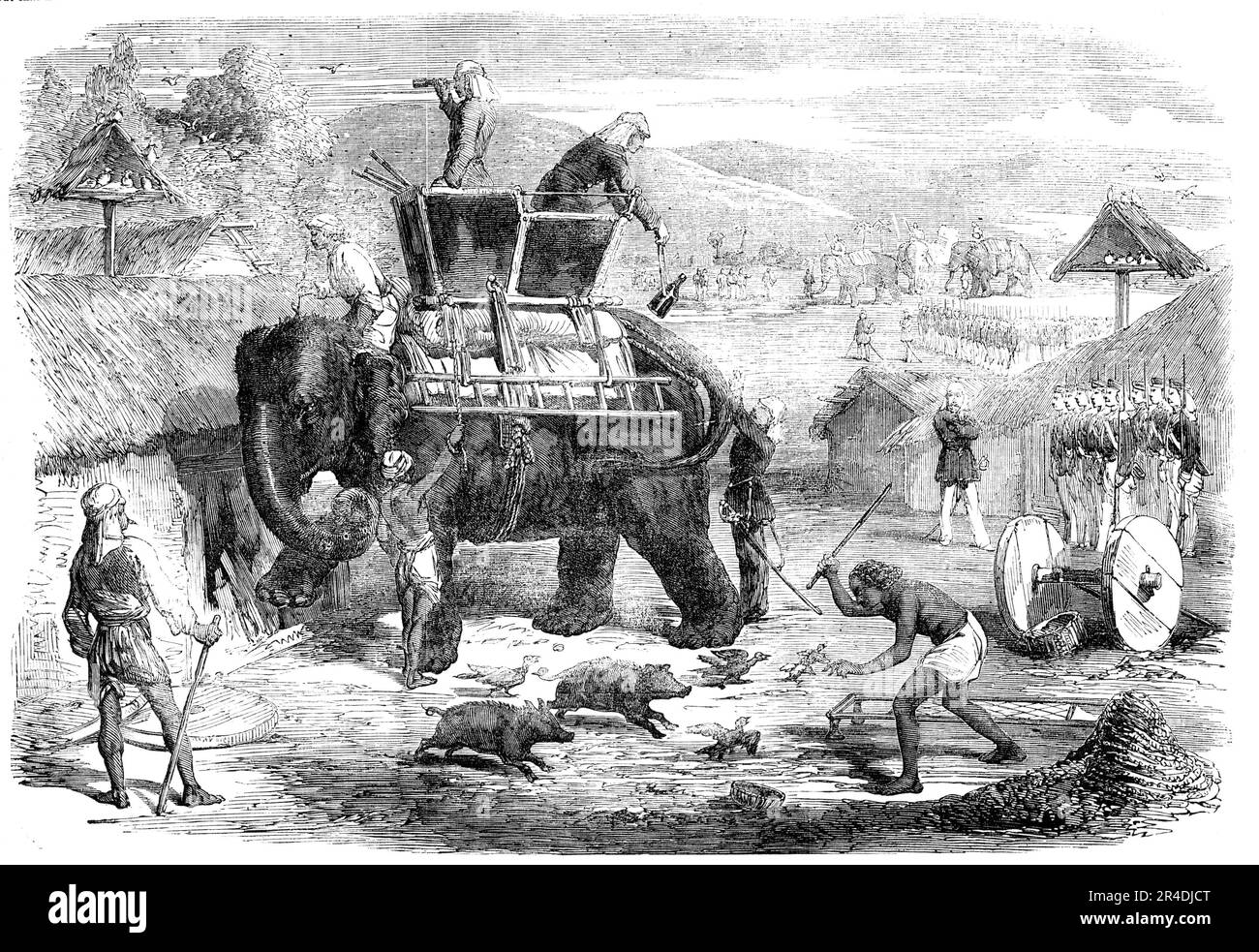 Suche nach Rebel Santhals, 1856. In der Skizze, die die Suche nach den Santhal-Rebellen repräsentiert, ist ein sehr feiner Elefant, das Eigentum von Mr. Charles Barnes, ein Gentleman, der die Santhals, ihr Land und ihre Manieren gut kennt, und der bei all unseren Wanderungen und forschenden Partys bei uns war. Dieser Elefant war nicht nur sehr nützlich, weil er eine ausgezeichnete und erhöhte Position für die Sicht auf das Land bot, sondern wurde von uns damit beauftragt, die Türen zu öffnen und die Hütten der Santhals zu überqueren, wo immer die Anwesenheit von Rebellen vermutet wurde. Dieser Elefant war in verschiedenen Verlobungen, und w Stockfoto Suche nach Rebel Santhals, 1856. In der Skizze, die die Suche nach den Santhal-Rebellen repräsentiert, ist ein sehr feiner Elefant, das Eigentum von Mr. Charles Barnes, ein Gentleman, der die Santhals, ihr Land und ihre Manieren gut kennt, und der bei all unseren Wanderungen und forschenden Partys bei uns war. Dieser Elefant war nicht nur sehr nützlich, weil er eine ausgezeichnete und erhöhte Position für die Sicht auf das Land bot, sondern wurde von uns damit beauftragt, die Türen zu öffnen und die Hütten der Santhals zu überqueren, wo immer die Anwesenheit von Rebellen vermutet wurde. Dieser Elefant war in verschiedenen Verlobungen, und w Stockfoto