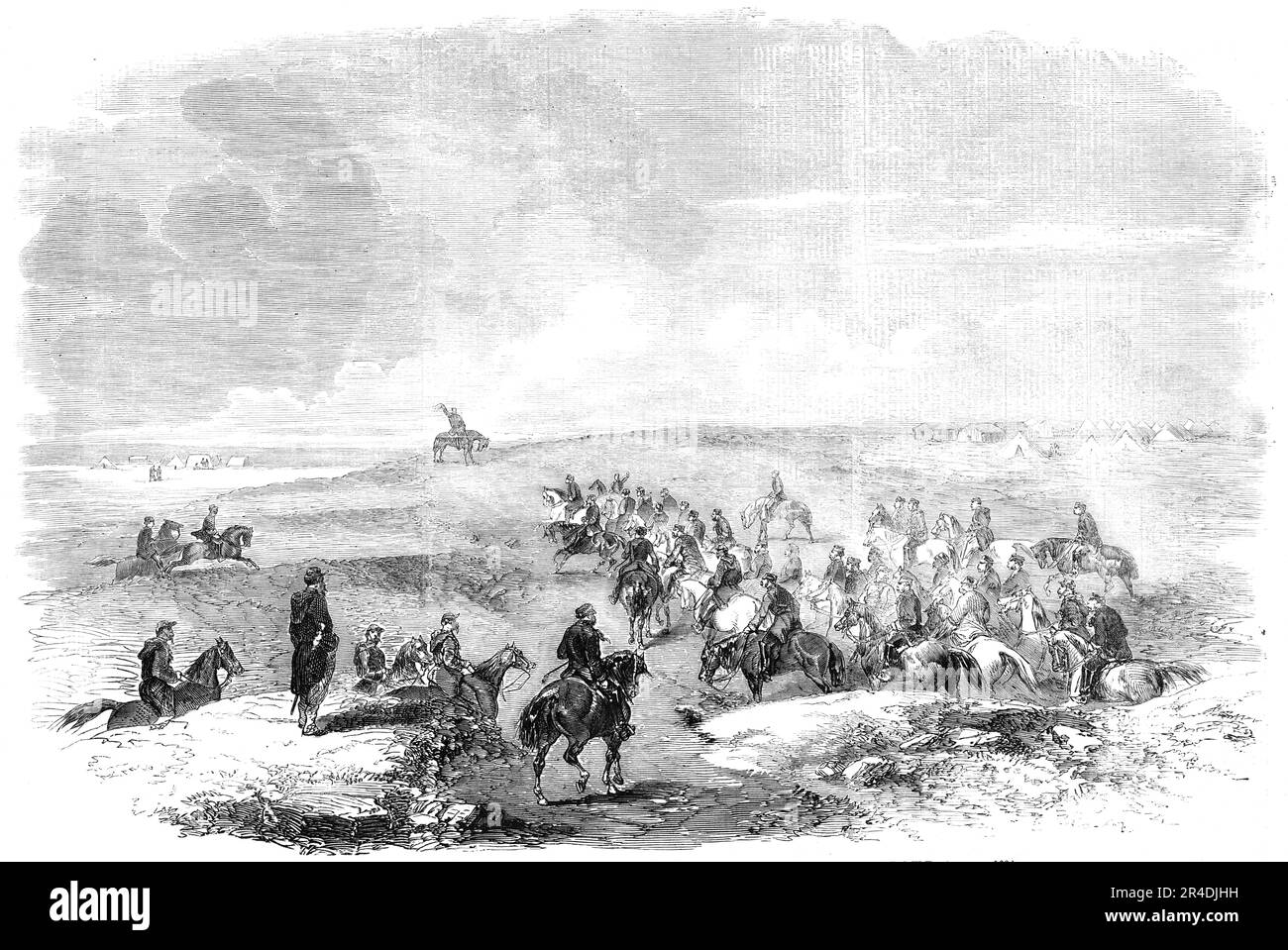 Paper Hunt - The Find - Before Sebastopol - skizziert von J. A. Crowe, 1856. Außerhalb des Dienstes während des Krimkriegs: Britische Soldaten machen ihre eigene Unterhaltung. ...Fand das Treffen im Hauptquartier von General Codrington statt. General Barnard, General Garrett und eine Reihe von Offizieren hatten sich versammelt, um das Land zwischen dem Kloster und Sebastopol zu jagen. Ein Viertel bevor zwei Captain Blane beobachtet wurden, wie sie über die Hügel in Richtung des ehemaligen Ortes schleichten und einen Munitionsbeutel voller Papierspäne trugen... Ein bekannter Peilsender ist Blundell, der letzte Meister der Drag Hounds in Oxford. Kann die t Stockfoto