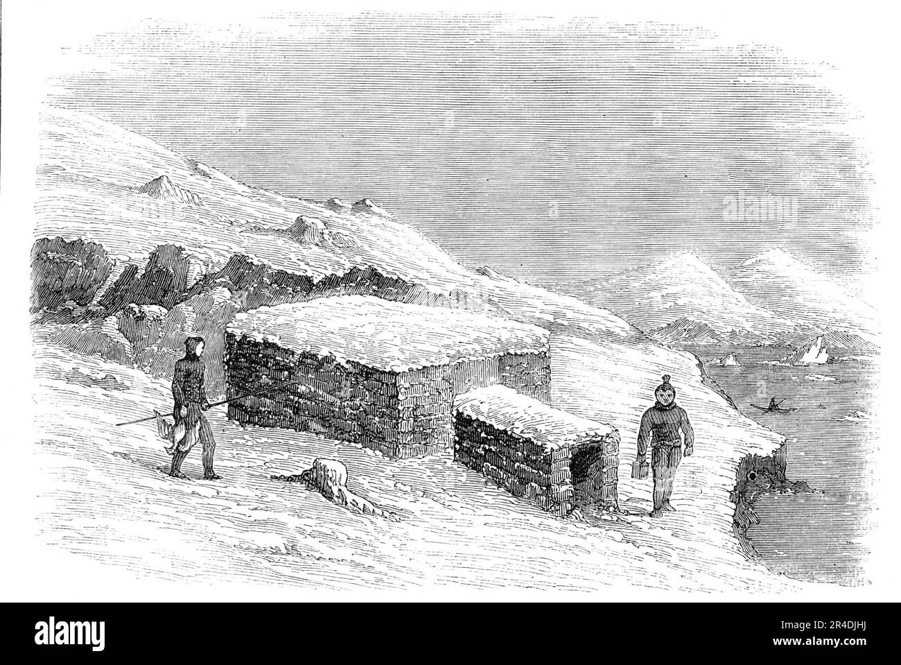 Außenansicht eines Greenlander's Hut, 1856. „Im Winter leben sie in Hütten aus Steinen und Rasen, die innen mit alten Fellen gesäumt sind... unter ihnen haben die Greenlander keine Häuptlinge oder Gesetze; uneingeschränkte Freiheit existiert. Kriege und Streitigkeiten sind unter ihnen unbekannt, und selbst die Kinder haben, sobald sie laufen können, die volle Freiheit, zu handeln, wie sie wollen, und was noch bemerkenswerter ist, diese allgemeine Freiheit ist nicht mit einer Lizenz verbunden. Friedlichere Menschen gibt es nirgendwo." Aus "Illustrierte London News", 1856. Stockfoto