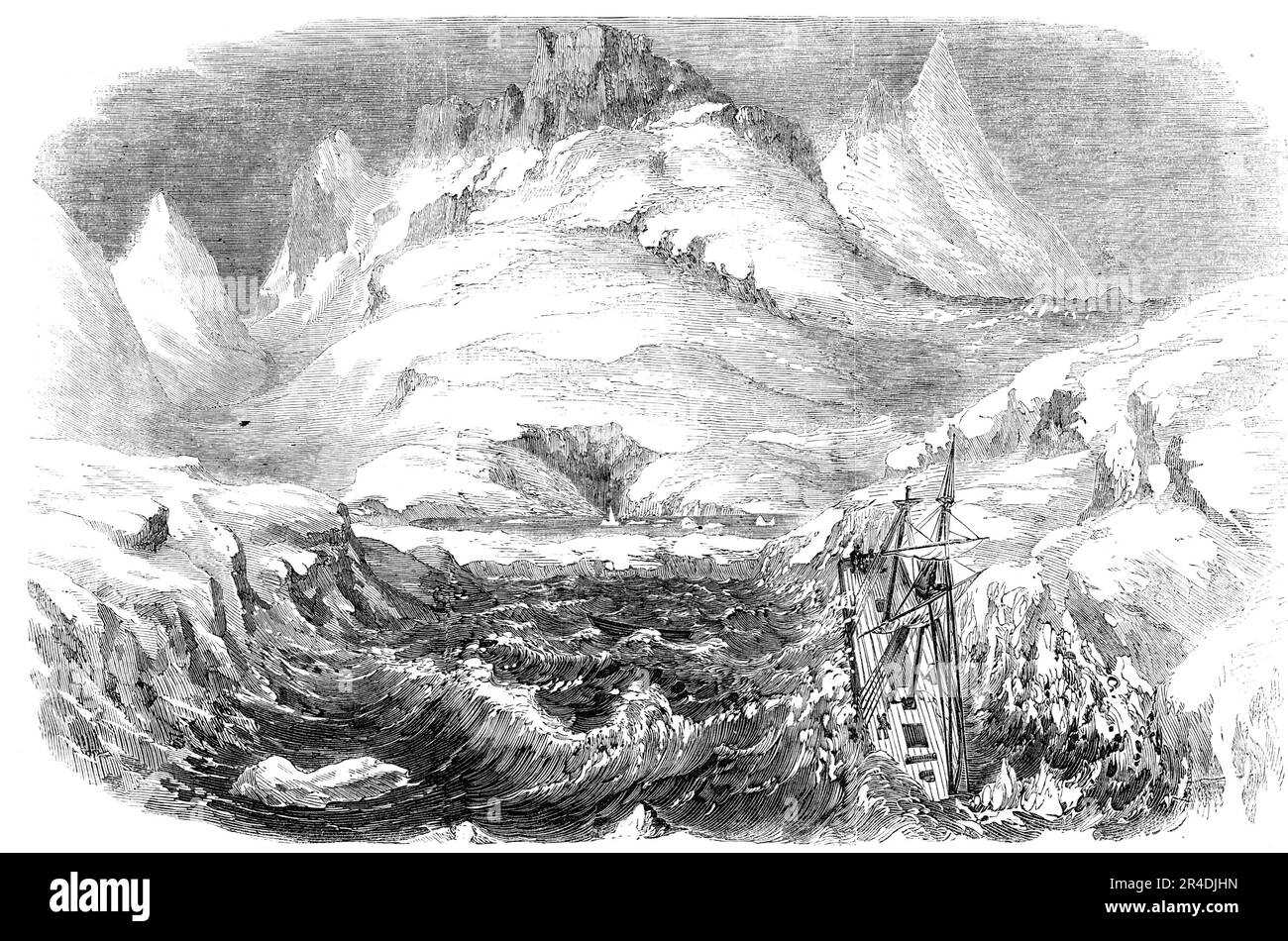 Verlust des Schoners "Archus", beladen mit Silberbleierz, an der Küste Grönlands, 1856. "...hat sie den Hafen von Kajarlik betreten, eine kleine Öffnung auf einer Insel des Arksuk-Fjords. Ein Sturm kam auf und blies in den Hafen. Und das erhöhte sich mit einer solchen Kraft, dass die Kabel und Händler des Schiffes sie nicht halten konnten, und sie wurde mit großer Gewalt gegen die Felsen zertrümmert, schlug ihr Ruder, ihren falschen Kiel, ab und machte sie so undicht, dass sie gezwungen war, verlassen zu werden. Die Besatzung und die Bergleute arbeiteten den ganzen Tag, sparten sich die Vorräte und die Takelage auf, &amp;c. Sie waren ein Stockfoto