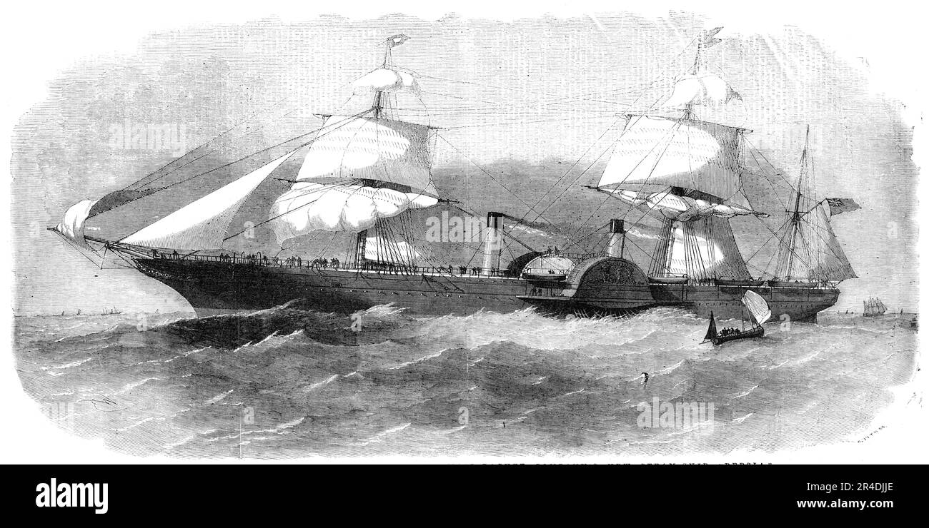 Das neue Dampfschiff „Persia“ der Royal British and North American Mail-Packet Company, 1856. „Dieses leviathan-Schiff, das größte Schiff über Wasser... verließ Liverpool... auf ihrer ersten Reise über den Atlantik... das Persien wurde vollständig von den Herren Robert Napier und Söhne aus Glasgow gebaut, und auf der Reise von Greenock nach Liverpool war ihre Leistung die größte Befriedigung“. Aus "Illustrierte London News", 1856. Stockfoto