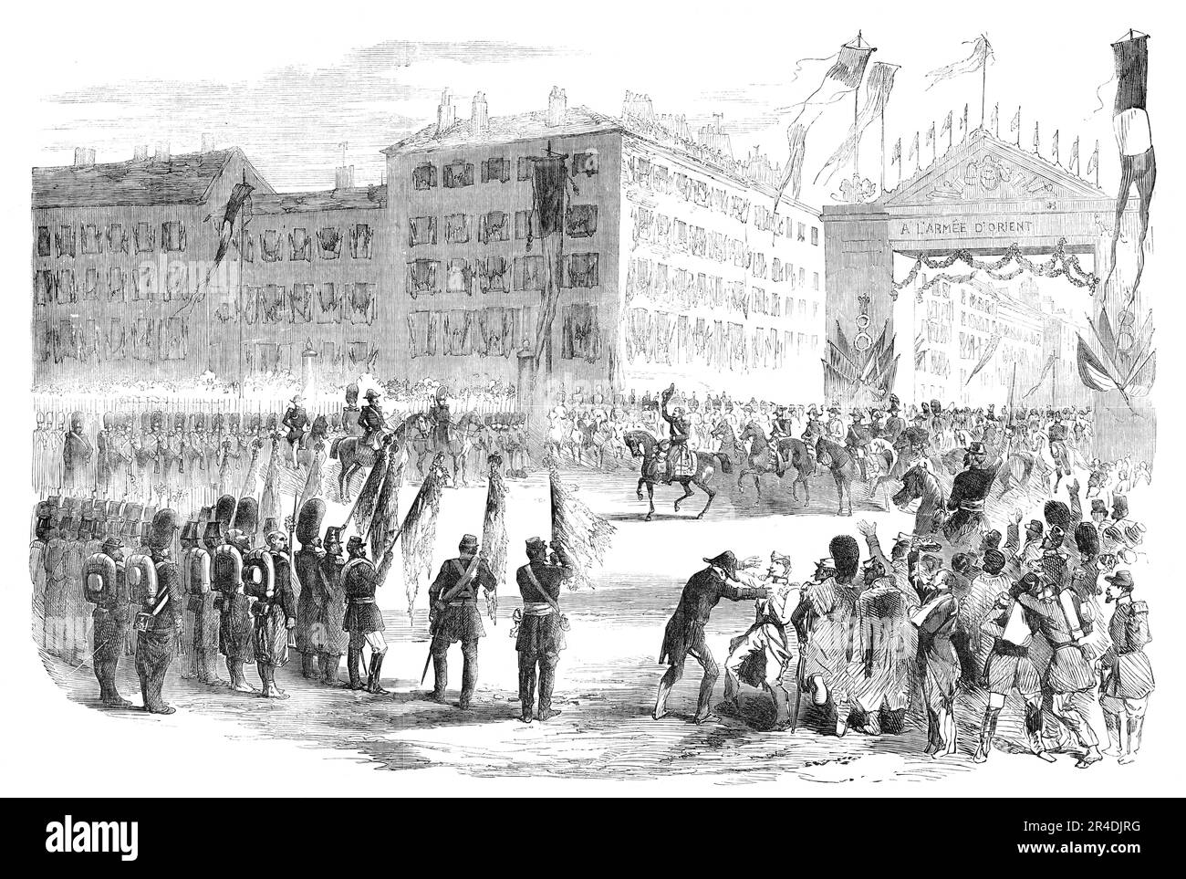 Der Kaiser trifft die Krim-Truppen auf dem Place de la Bastille, Paris, 1856. "...wurde ein Triumphbogen in der Nähe der Porte St. errichtet Martin-Theater. Die Fassaden der Theater waren alle bewundernswert dekoriert, und große Standards und Kränze dreifarbiger Flaggen wurden entlang der gesamten Strecke gezeigt... der Kaiser wurde von der Armee mit einem Enthusiasmus empfangen, der schwer zu beschreiben ist. Seine Majestät betrachtete sie für einen Moment mit einem ernsten Blick, und dann drängte er sein Pferd zu dem zentralen Punkt, von dem die Truppenmasse in einer fanatischen Form abwich... [sagte:] "Meine Emotionen sind großartig; denn mit Stockfoto