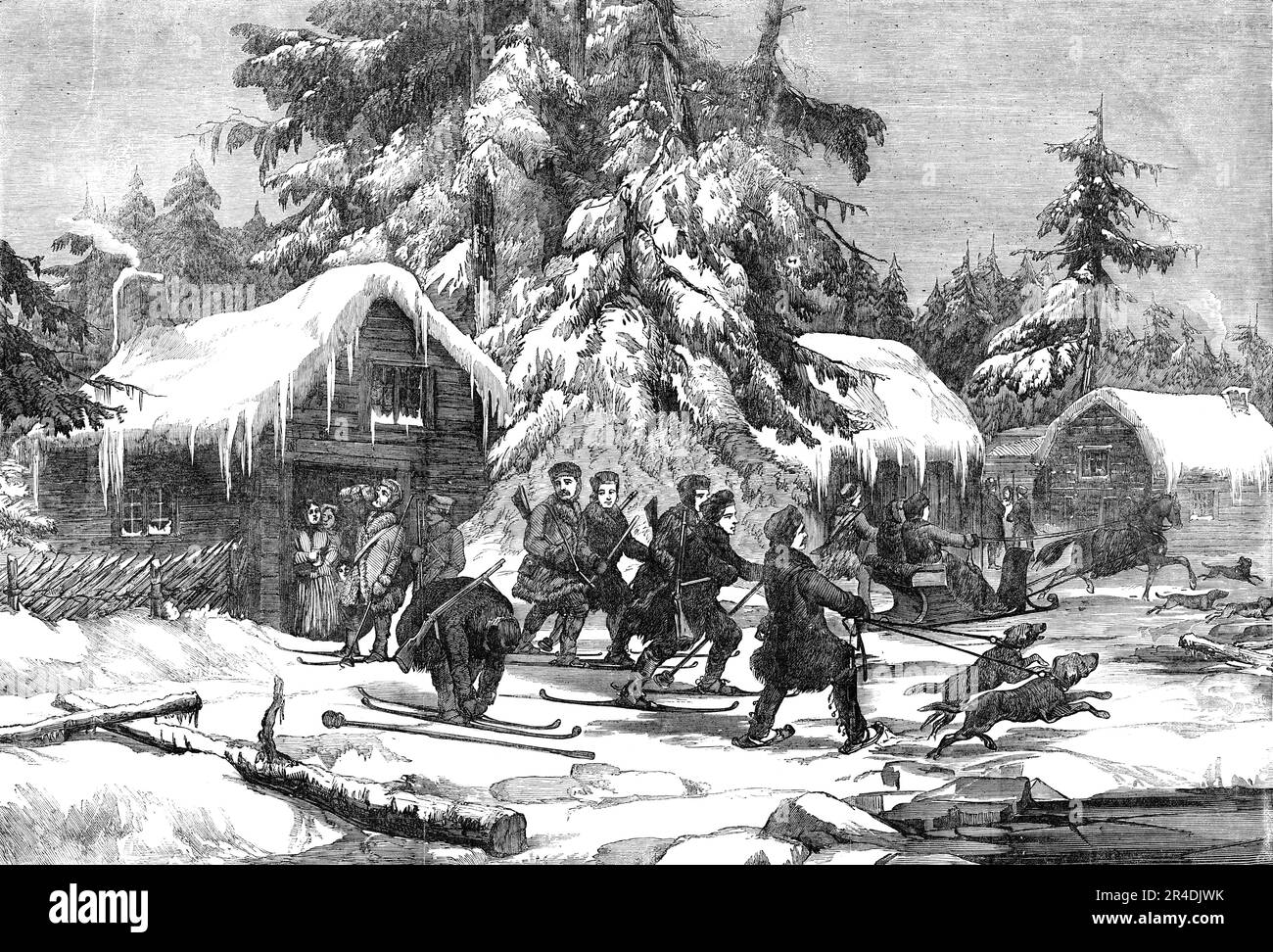 Bärenjagd in Schweden 1856. ''... eine kleine Sortie wird von den Bewohnern organisiert, die sich zusammenfinden... alle, die bereit sind, die Ermüdungserscheinungen der Jagd zu teilen. Das Jagdgerät besteht in der Regel aus einem Gewehr, einem Messer und einer mittellangen Stange, die in zweierlei Hinsicht nützlich ist: Erstens, um zu lenken und mitzuschieben, wenn die riesigen Schneeschuhe getragen werden; Und zweitens, mit einer Prise hilft es, ein verwundetes Biest davon abzuhalten, sich in "Umarmung" Entfernung zu bewegen. Ein oder zwei Schlitten begleiten die Jäger soweit möglich, um Vorräte und Vorräte zu transportieren, egal welche Art von Vorräten Stockfoto