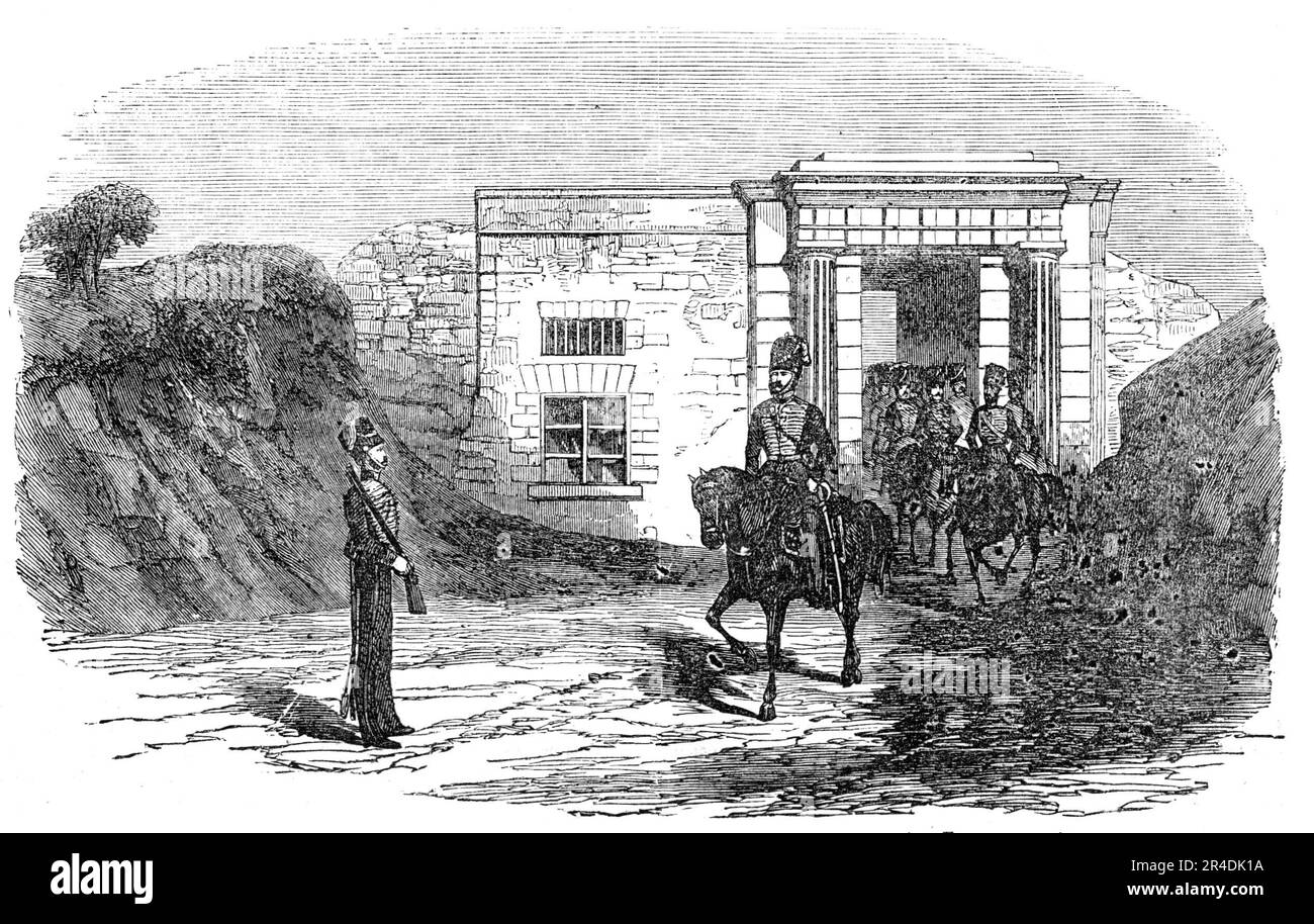 Das Phoros-Tor, vor Sebastopol - gezeichnet von J. A. Crowe, 1856. Britische Soldaten auf der Krim: "...skizziert von unserem Spezialkorrespondenten und Künstler, der das Tor des Phoros- oder Foros-Passes vor Baidar zeigt". Das Baydar Gate (Höhe 503 Meter oder 1.650 Fuß) ist ein Bergpass in den Krim-Bergen, der das Baidar-Tal mit der Schwarzmeerküste verbindet. Es ist umgeben vom Berg Chelebi und dem Berg Ckhu-Bair. Die alte Jalta-Sewastopol-Autobahn aus den 1830er Jahren, die heute selten genutzt wird, führt hier durch. Als die Autobahn 1848 fertiggestellt wurde, wurde die sogenannte Propylaea wer Stockfoto