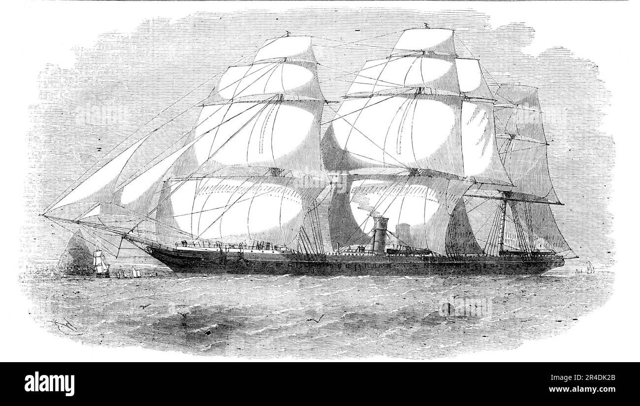 Das neue Dampfschiff "Pera" der Peninsular and Oriental Navigation Company, 1856. "Dieses feine Dampfschiff, das von Mare von Blackwall gebaut wurde, nach den Entwürfen von Mr. James Ash, machte einen offiziellen Test ihrer Geschwindigkeit über die gemessene Meile in Stokes Bay... ihre feinen Linien im Vergleich zu ihrer Breite des Strahls haben sie für die Macht im Vergleich zur Tonnage, Um unter Dampf zu stehen, eines der schnellsten Schraubgefäße schwimmt... die Motoren während des Versuchs hatten durchschnittlich 33 Umdrehungen, oder 66 ganze Umdrehungen der Schraube, pro Minute. Der Wind wehte stark von Süd-Süd-West und A Stockfoto