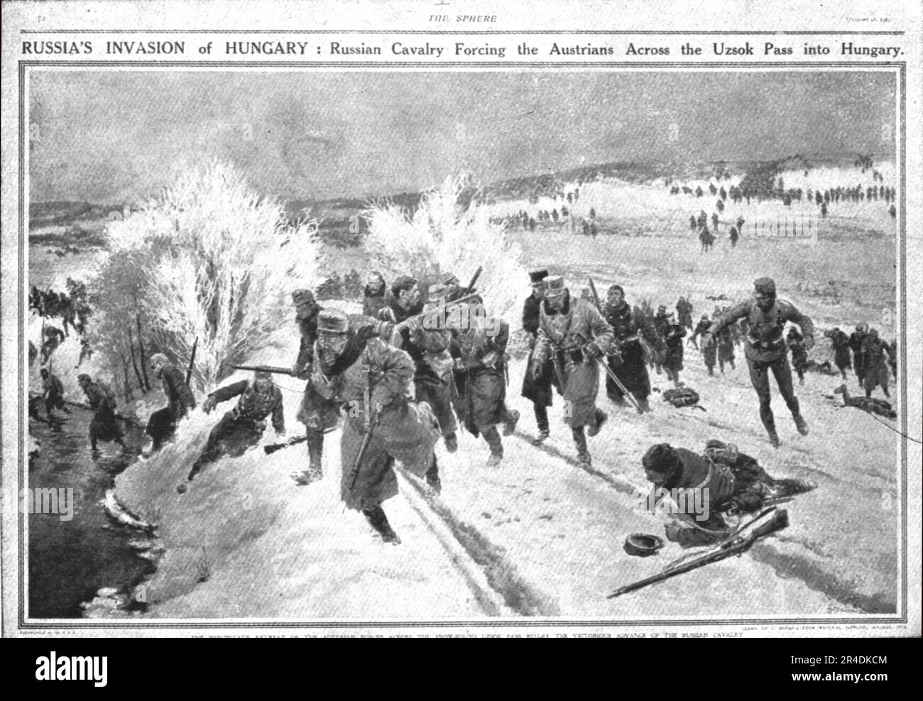 "Quelques falsifications; Double page publiee par "the sphere", le 16 janvier 1915, avec cette legende: "Invasion russe de la Hongrie: cavalerie russe repoussant les Autrichiens a travers la passe d'Uszok", 1915. Aus „L'Album de la Guerre 1914-1919, Band 2“ [L'Illustration, Paris, 1924]. Stockfoto