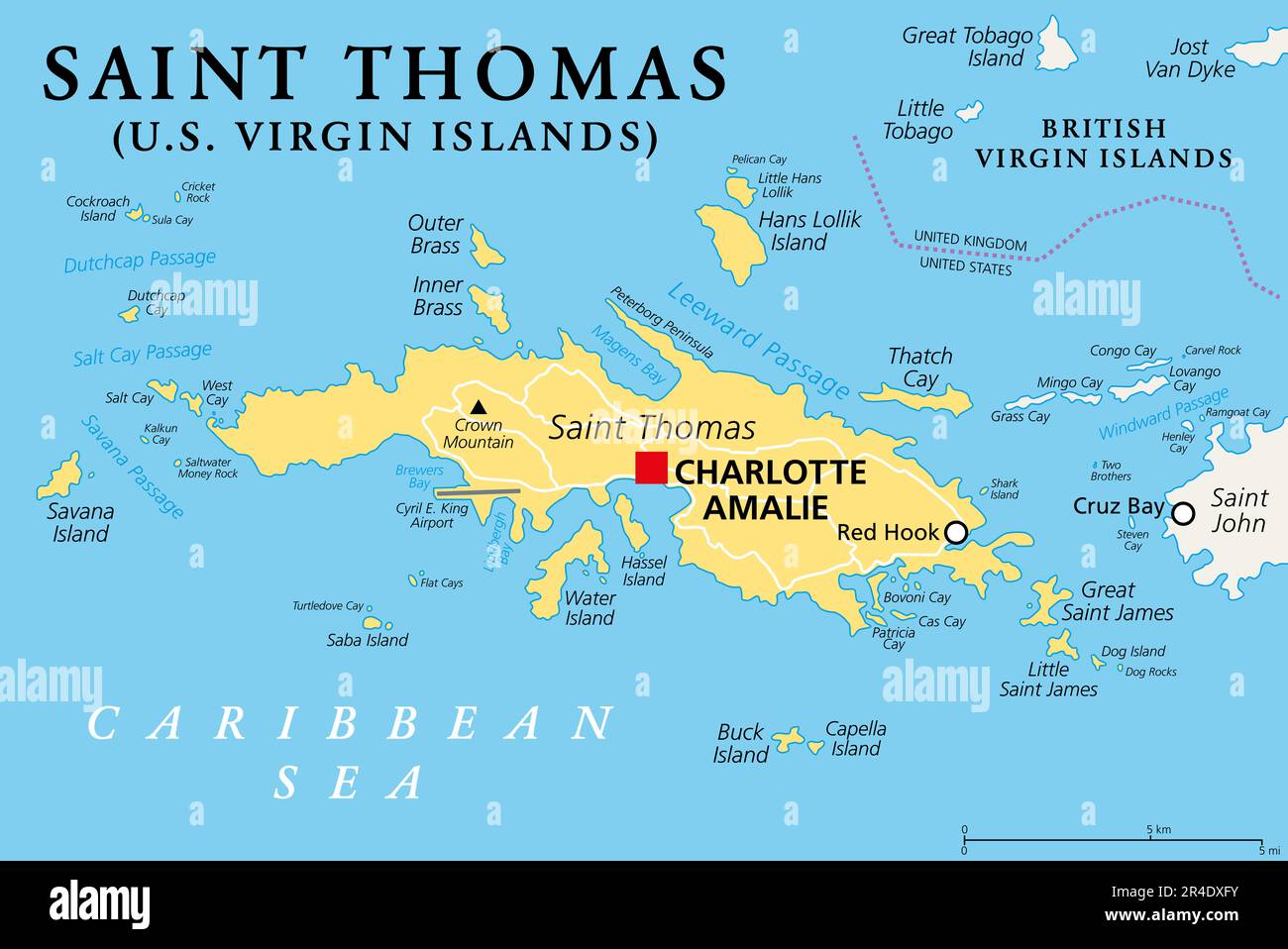 St. Thomas, amerikanische Jungferninseln, politische Karte. Eine der drei größten Inseln der USVI. Mit der großen Charlotte Amalie. Stockfoto