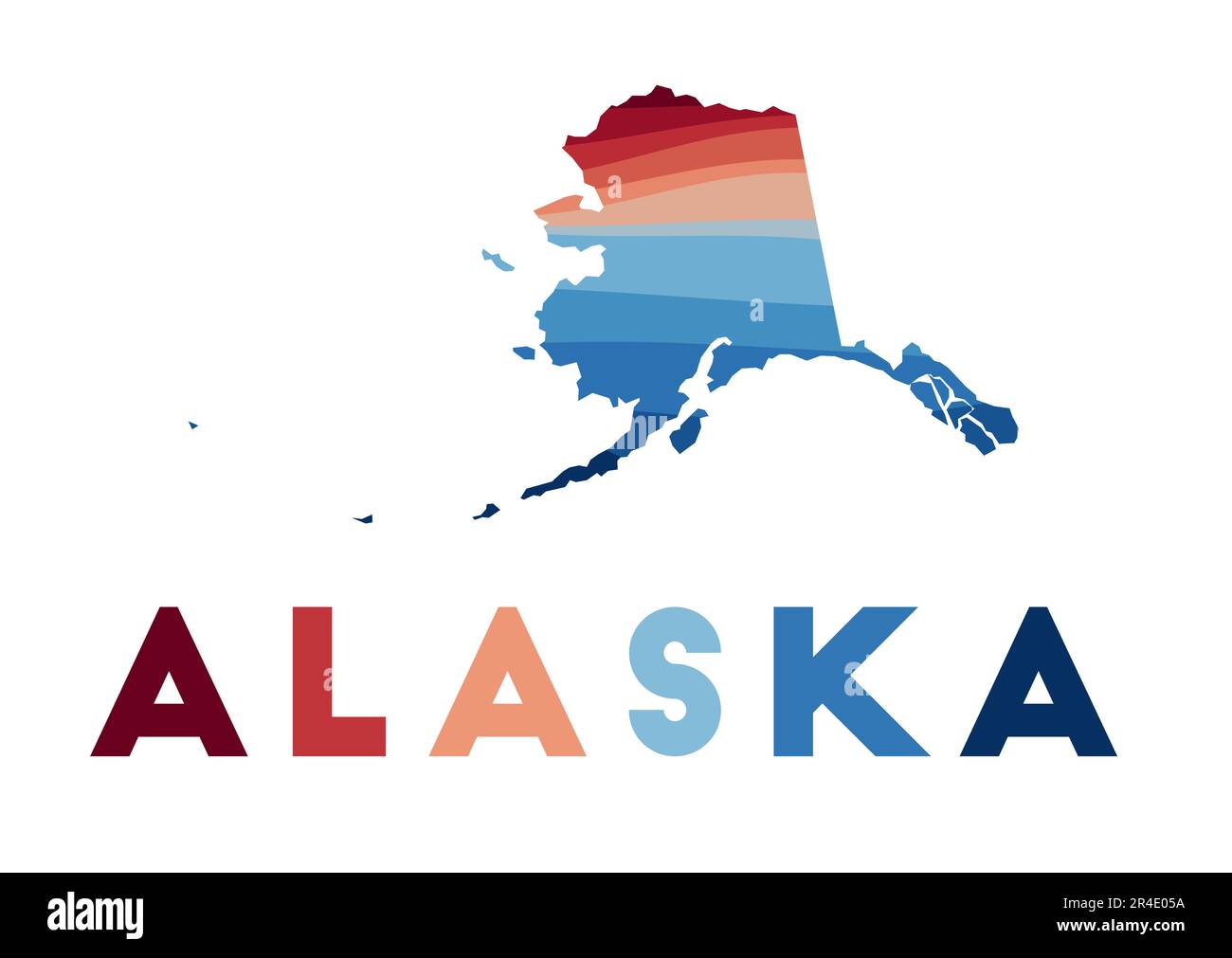 Alaska Karte. Karte des US-Bundesstaates mit wunderschönen geometrischen Wellen in roten, blauen Farben. Lebendige Alaska-Form. Vektorabbildung. Stock Vektor