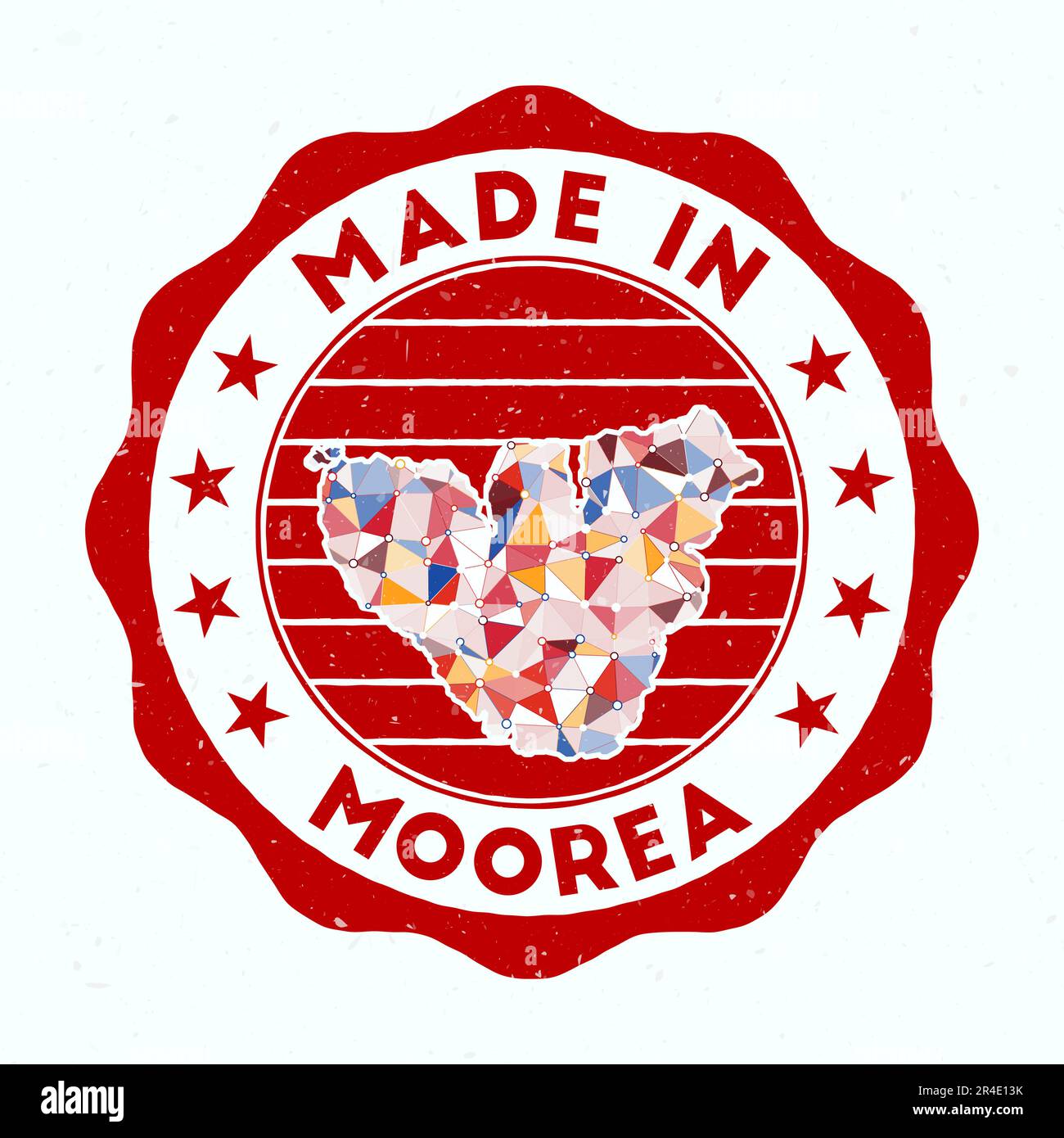 Hergestellt In Moorea. Runder Inselstempel. Dichtung aus Moorea mit Randform. Vintage-Abzeichen mit kreisförmigem Text und Sternen. Vektorabbildung. Stock Vektor