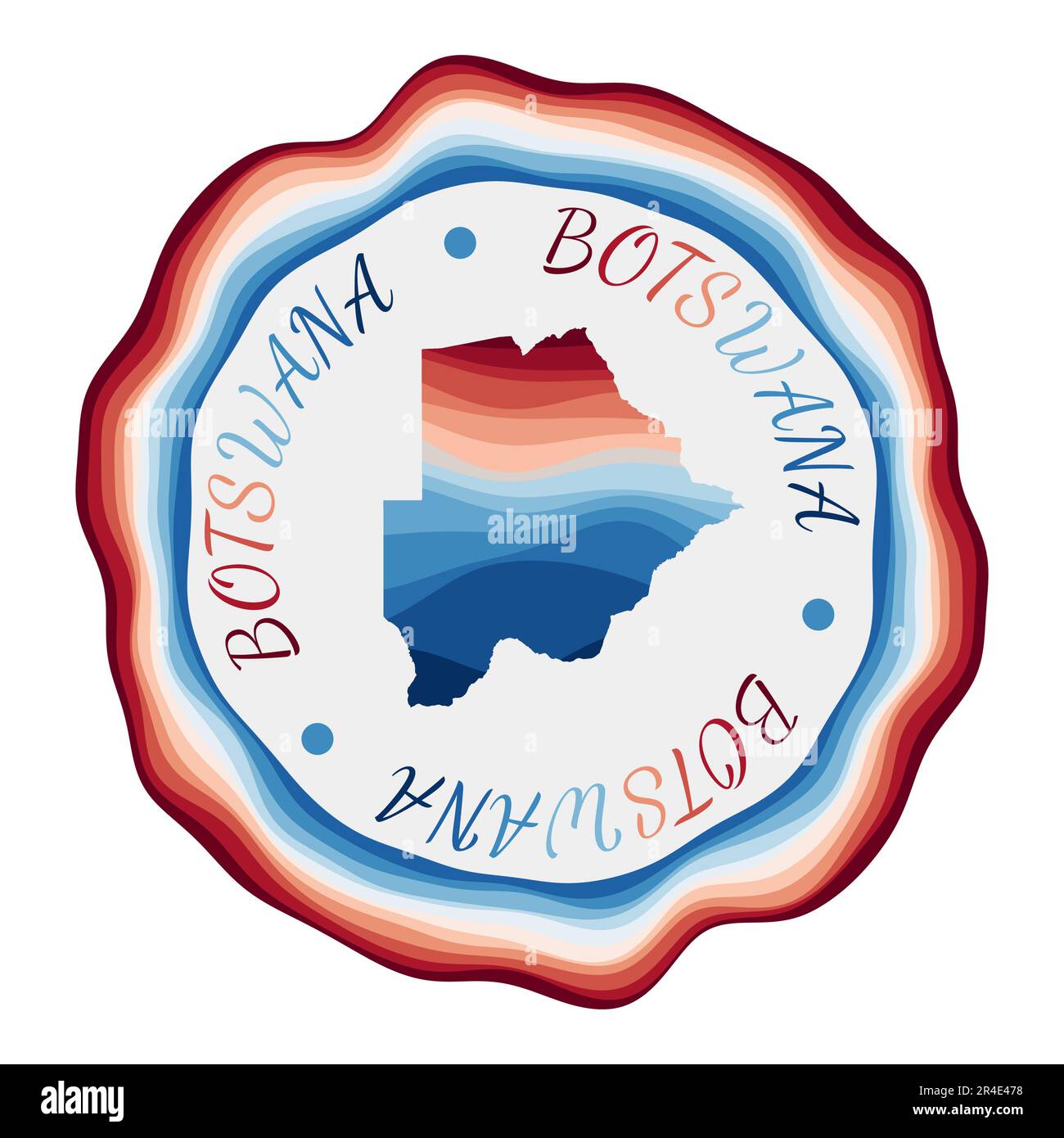 Botsuana-Abzeichen. Landkarte mit wunderschönen geometrischen Wellen und leuchtend rotem blauem Rahmen. Leuchtendes rundes Logo von Botsuana. Vektordarstellung. Stock Vektor
