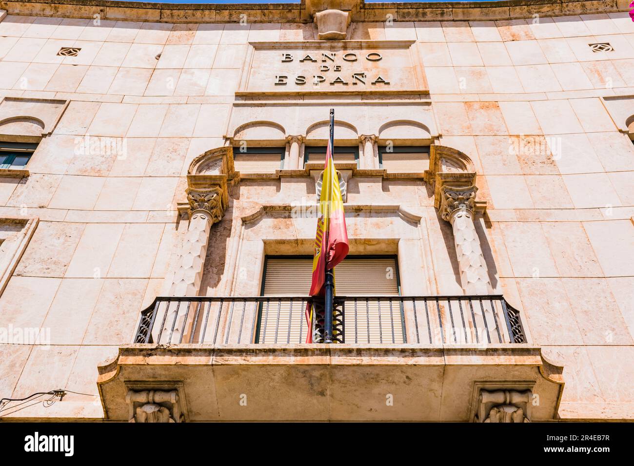 Fassade des Gebäudes der Bank von Spanien. Melilla, Ciudad Autónoma de Melilla, Spanien, África, EU. Stockfoto