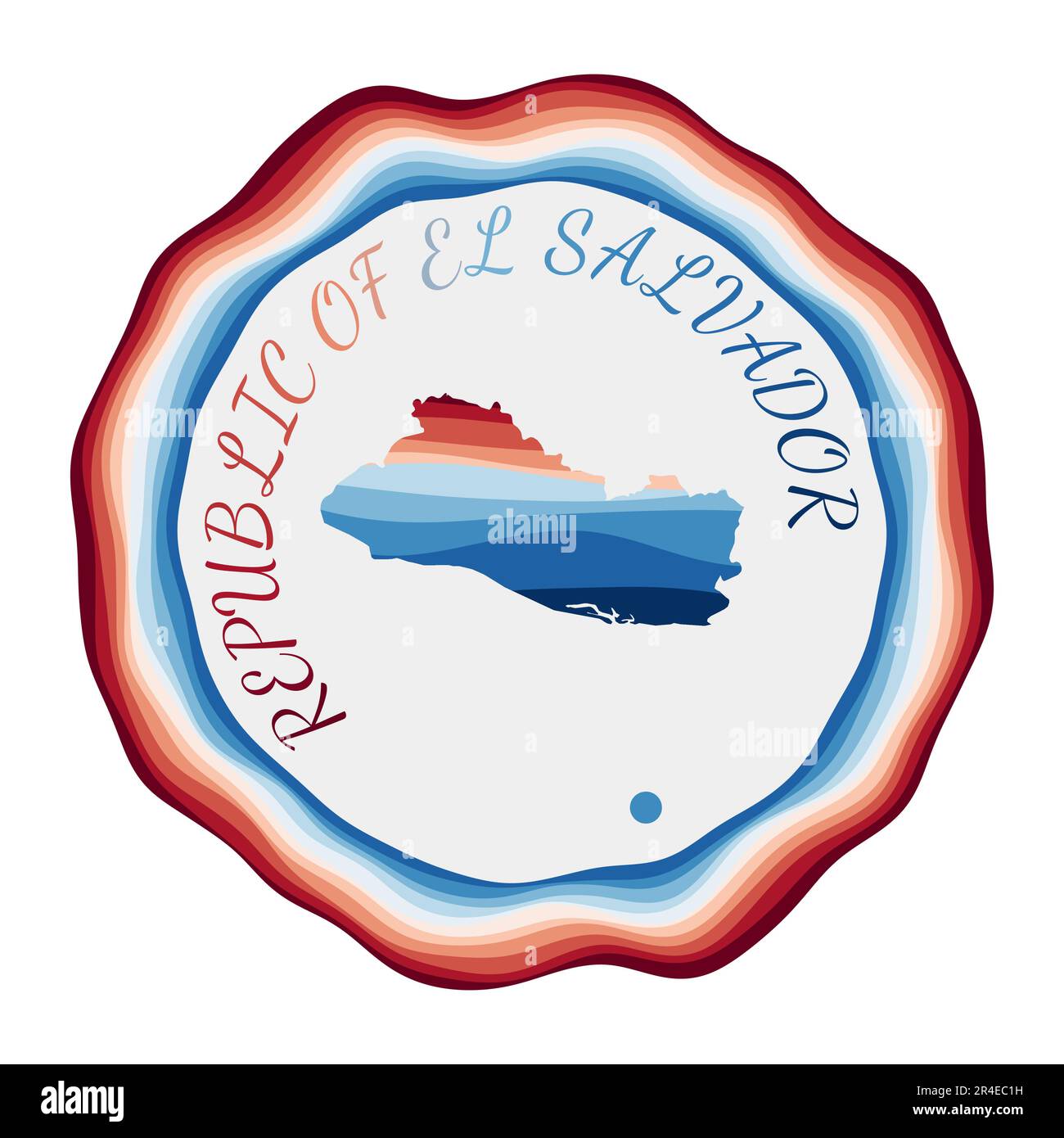 Emblem der Republik El Salvador. Landkarte mit wunderschönen geometrischen Wellen und leuchtendem rot-blauem Rahmen. Stock Vektor