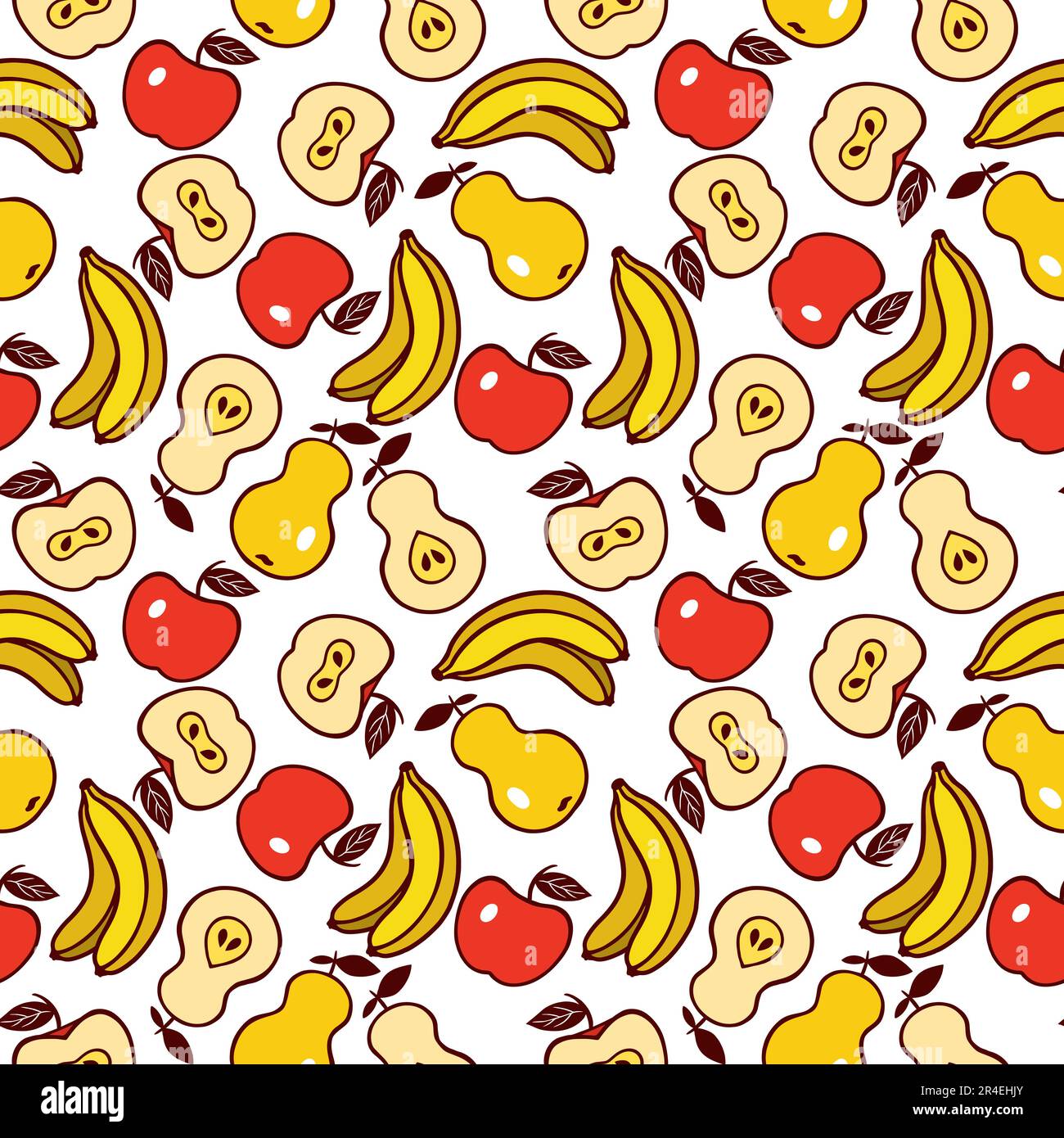 Bananen, Birnen, Äpfel. Nahtloses Vektormuster mit Früchten. Design von Textilien, Kleidung, Einband, Geschenkpapier. Stock Vektor