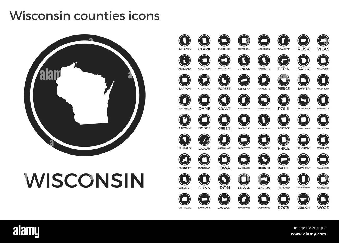 Symbole der Bezirke Wisconsin. Schwarze runde Logos mit Karten und Titeln der US-Bundesstaaten. Vektorabbildung. Stock Vektor